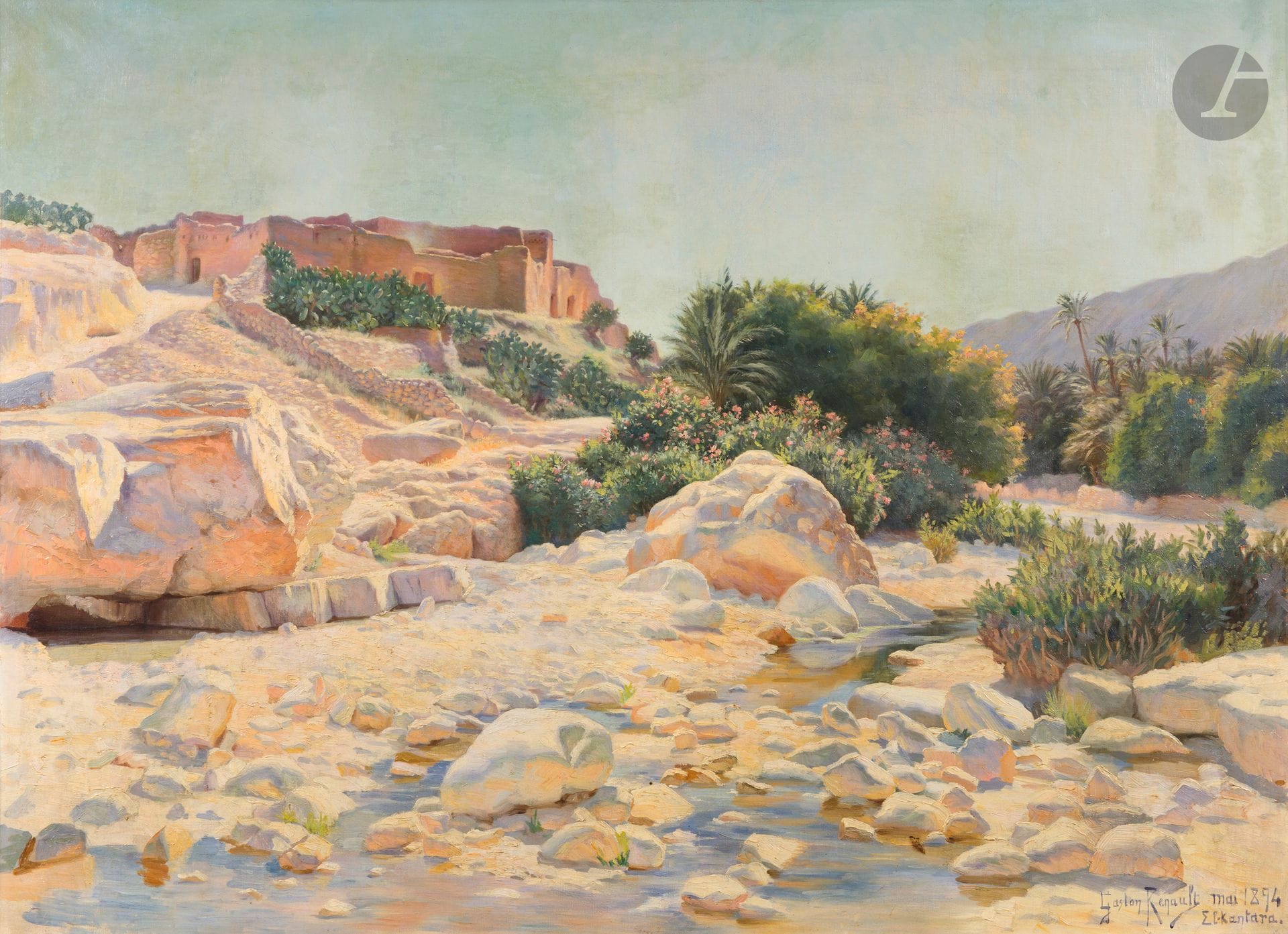 Gaston RENAULT (1851-1931)
L'Oasis d'El-Kantara, 1894
Huile sur toile.
Signée, datée et située en bas à droite.
(Frottements, restaurations).
97 x 130 cm
