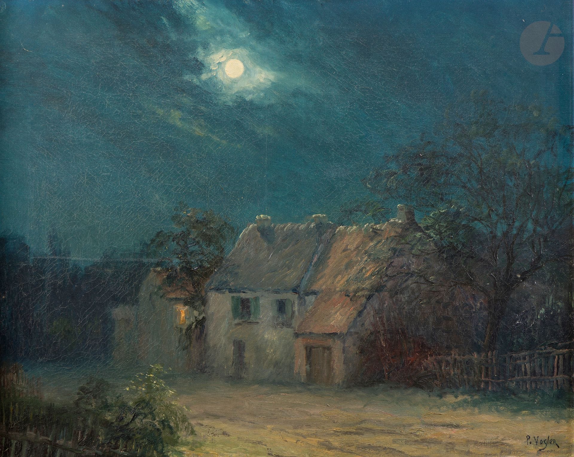 Paul VOGLER (1852-1904)
Clair de lune sur la ferme
Huile sur toile.
Signée en bas à droite.
65 x 81 cm