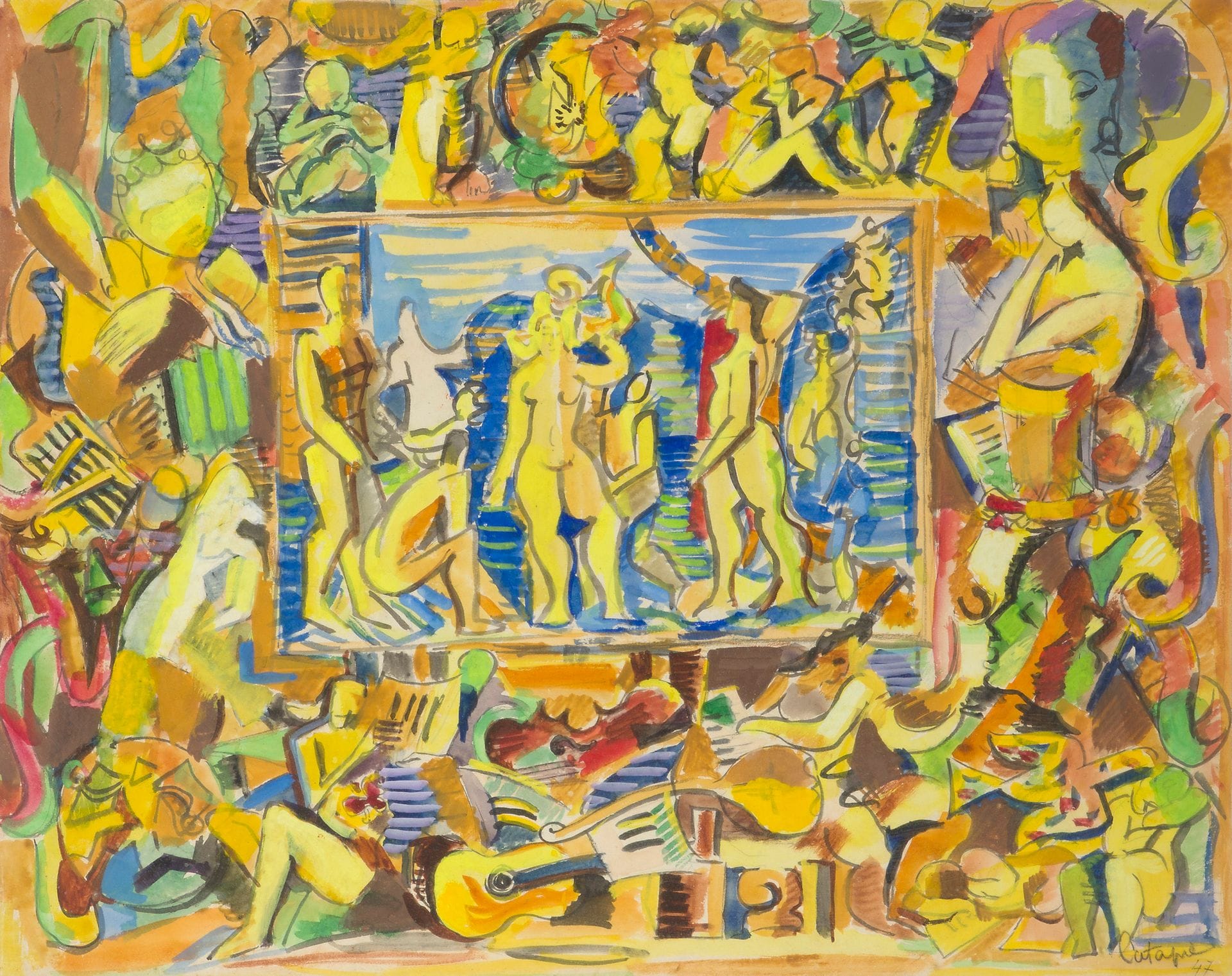 Louis LATAPIE (1891-1972)
La Fête en musique, 1947
Gouache on paper.
Signed and dated lower right.
43 x 55 cm

We thank Madame Dominique Bissière for confirming the authenticity of this work.