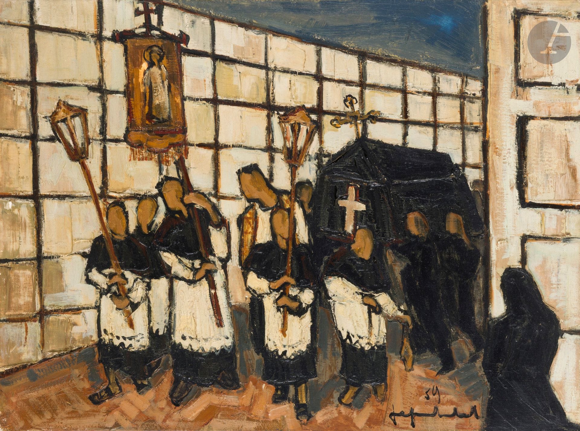 Jef FRIBOULET (1919-2003)
The Funeral, 1958
Oil on canvas.
Signed and dated lower right.
60 x 81 cm

Provenance : 
Collection of Dr. Turpin.