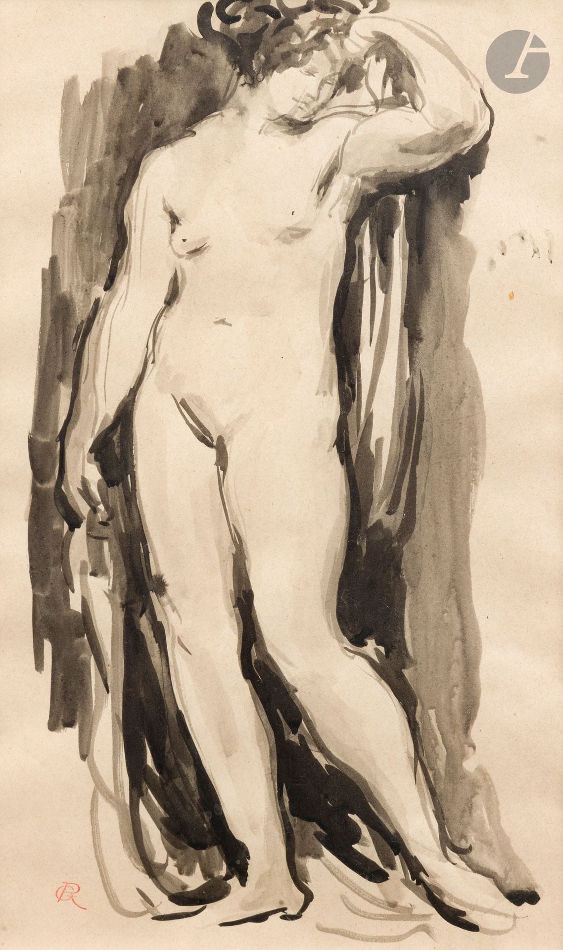 Richard GUINOT (1890-1973)
Nu debout
Encre et lavis d'encre.
Timbre de l'atelier en bas à gauche.
30 x 19.5 cm