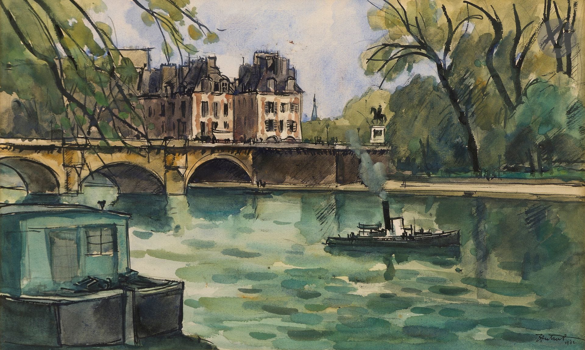 Louis Robert ANTRAL (1895-1940)
La Seine près du pont Neuf, Paris, 1932
Encre et aquarelle.
Signée et datée en bas à droite.
27 x 44.5 cm