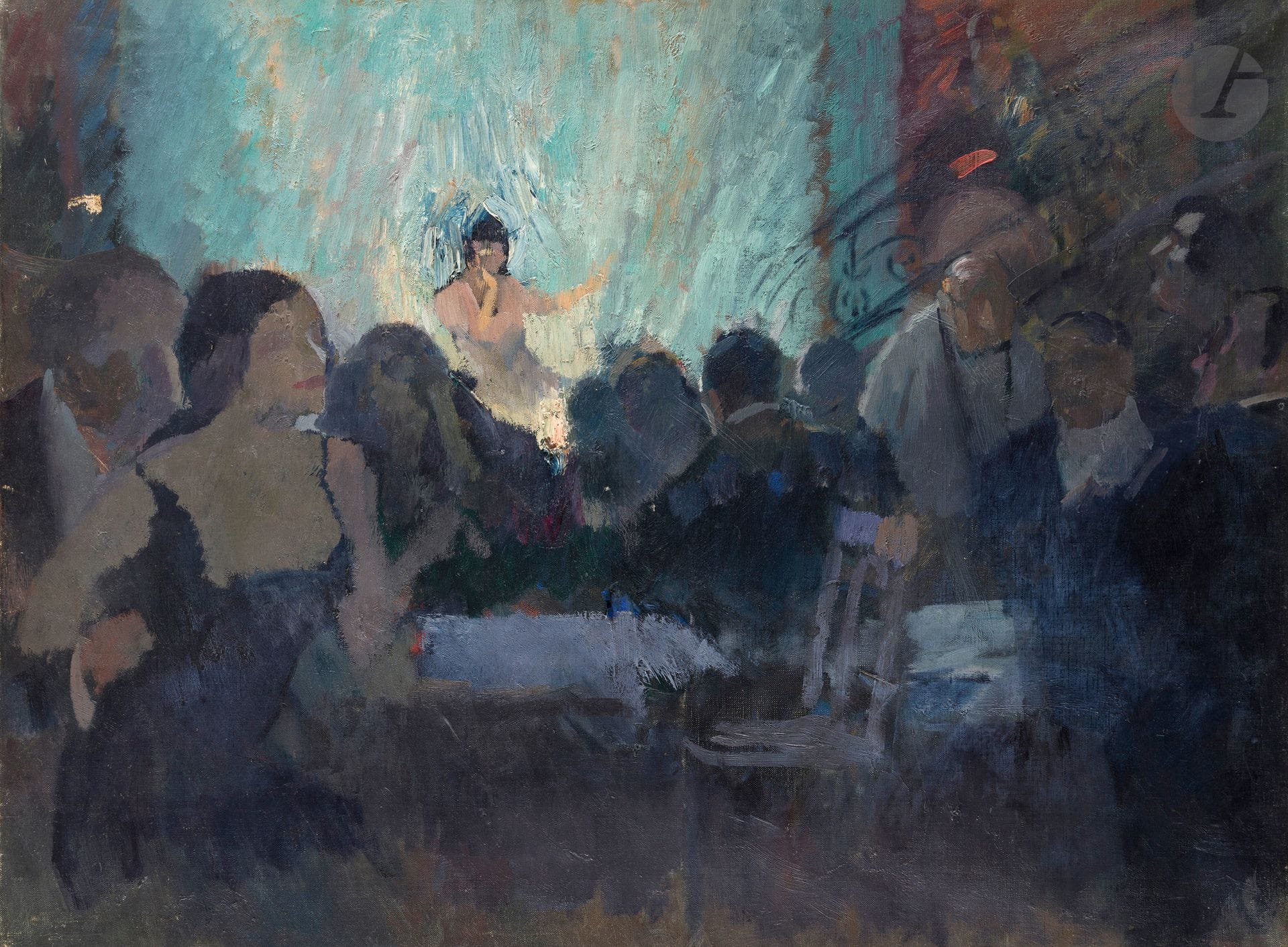 Elie-Anatole PAVIL (1873-1944)
Sur la scène de La Cigale, 1923
Huile sur toile.
Non signée.
(Petit accident).
54 x 73 cm

Provenance :
- Collection Lina Pavil, fille de l'artiste (certificat au dos).
- Vente Me Claude Robert, Hôtel Drouot, Paris, 12 décembre 1972, catalogue, n° 137, reproduit.
- Vente Me Binoche, Hôtel Drouot, Paris, n° 356 (étiquette au dos).