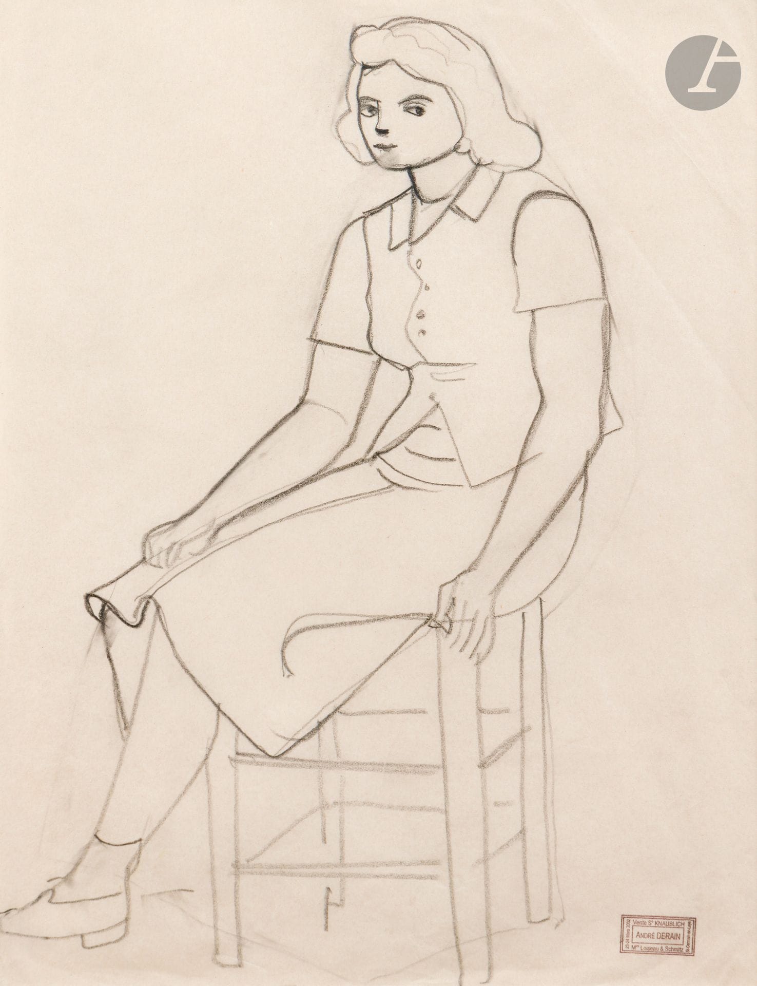 André DERAIN (1880-1954)
Femme assise
Crayon noir.
26.5 x 20.5 cm

Provenance : 
Vente Succession Knaublich, Mes Loiseau-Schmitz, Saint-Germain-en-Laye, 23-24 mars 2002 (cachet en bas à droite).