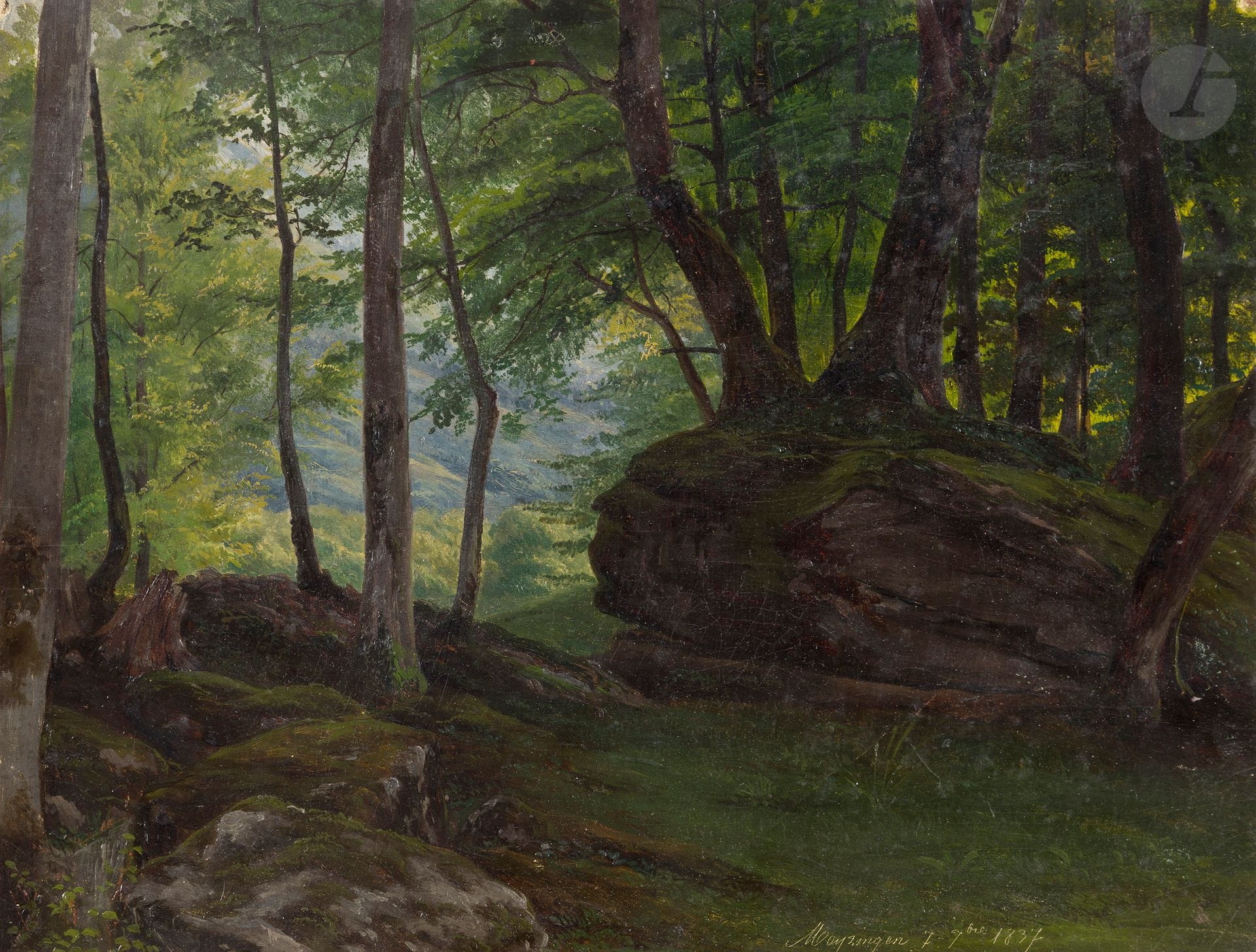 Thomas FEARNLEY (1802-1842)
Sous-bois à Meyringen, 1837
Huile sur papier contrecollé sur toile contrecollée sur carton.
Non signée.
Datée et située " Meyringen, 7 Sbre 1837 " en bas à droite.
(Trous de punaise dans les angles).
25 x 30.5 cm