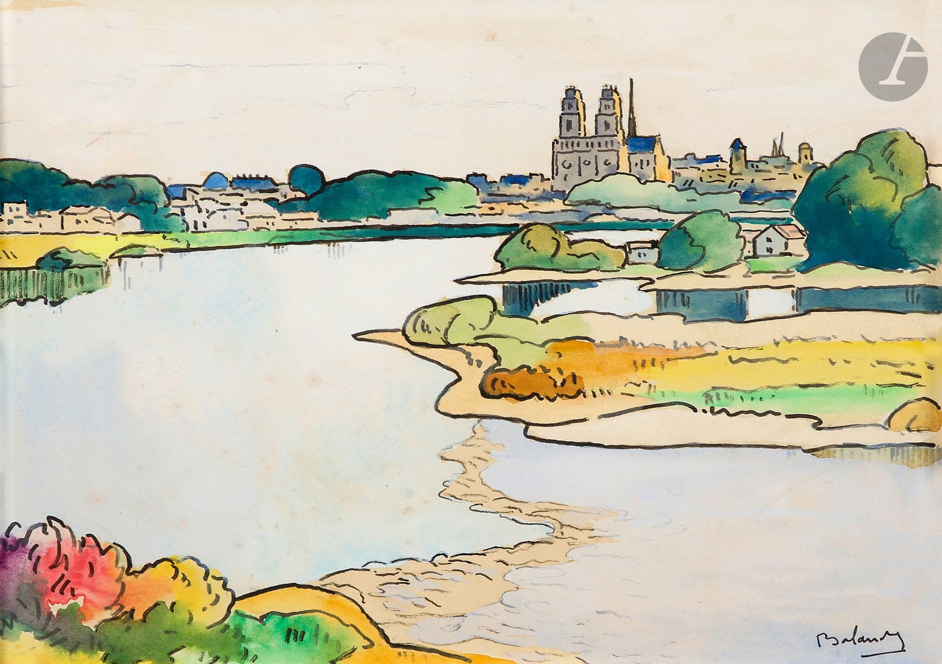 Gaston BALANDE (1880-1971)
La Loire, Orléans
Gouache et encre.
Signée en bas à droite.
20 x 26 cm