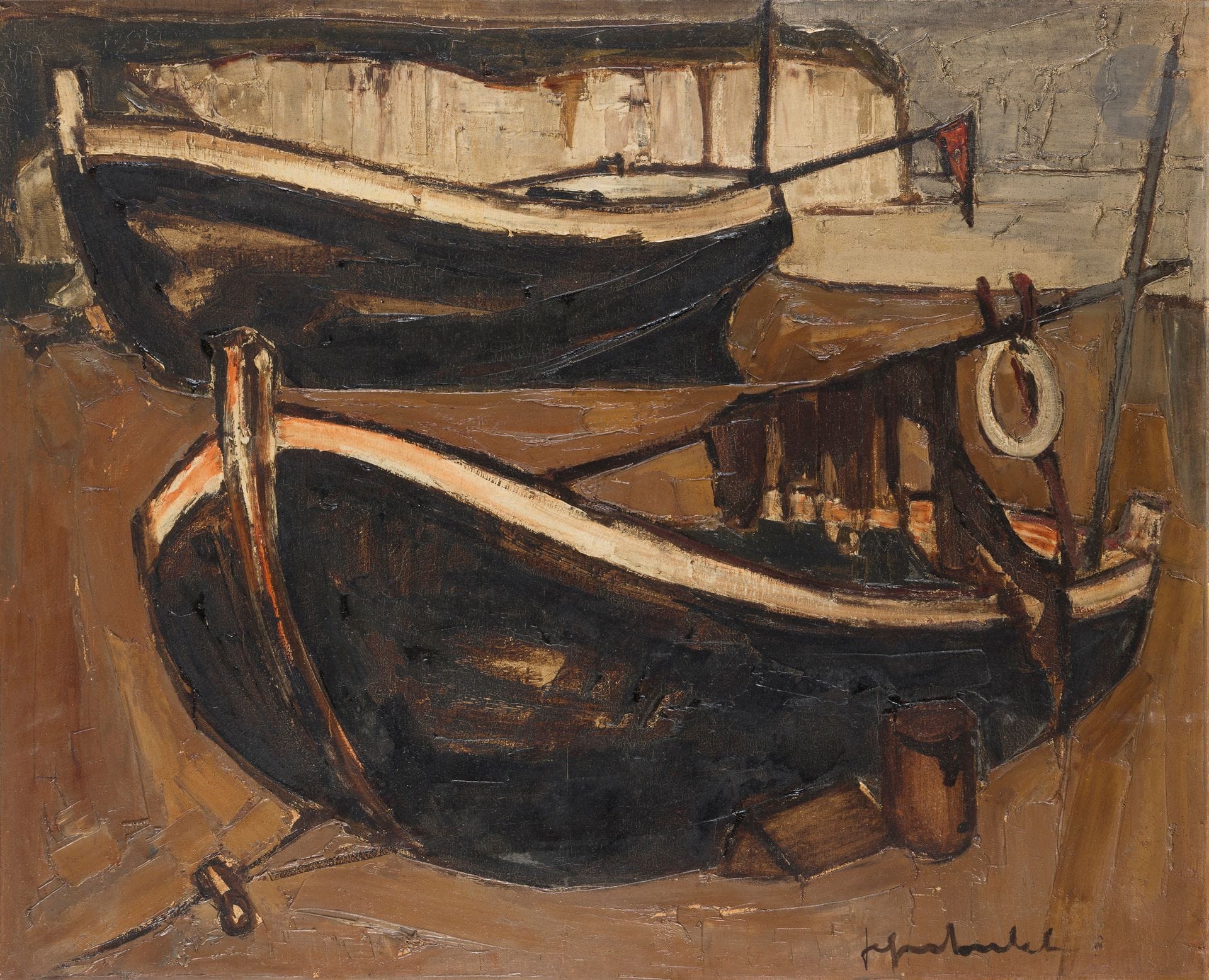 Jef FRIBOULET (1919-2003)
Les Caïques à Yport
Huile sur toile.
Signée en bas à droite.
Signée, titrée et située au dos.
81 x 100 cm

Provenance : 
Collection du docteur Turpin.