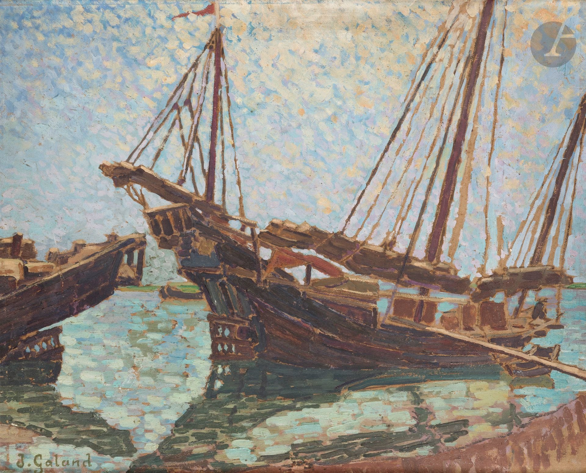 Jules GALAND (1870-1924)
Annam, Bateaux au mouillage
Huile sur carton.
Signée en bas à gauche.
(Carton légèrement voilé).
60 x 72 cm