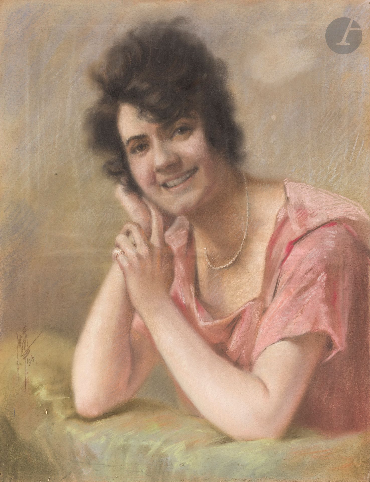 Ferdinand Mifliez dit MISTI (1865-1923)
Woman leaning against a pearl necklace, 1919
Pastel on paper mounted on canvas.
Signed and dated lower left.
61 x 50 cm