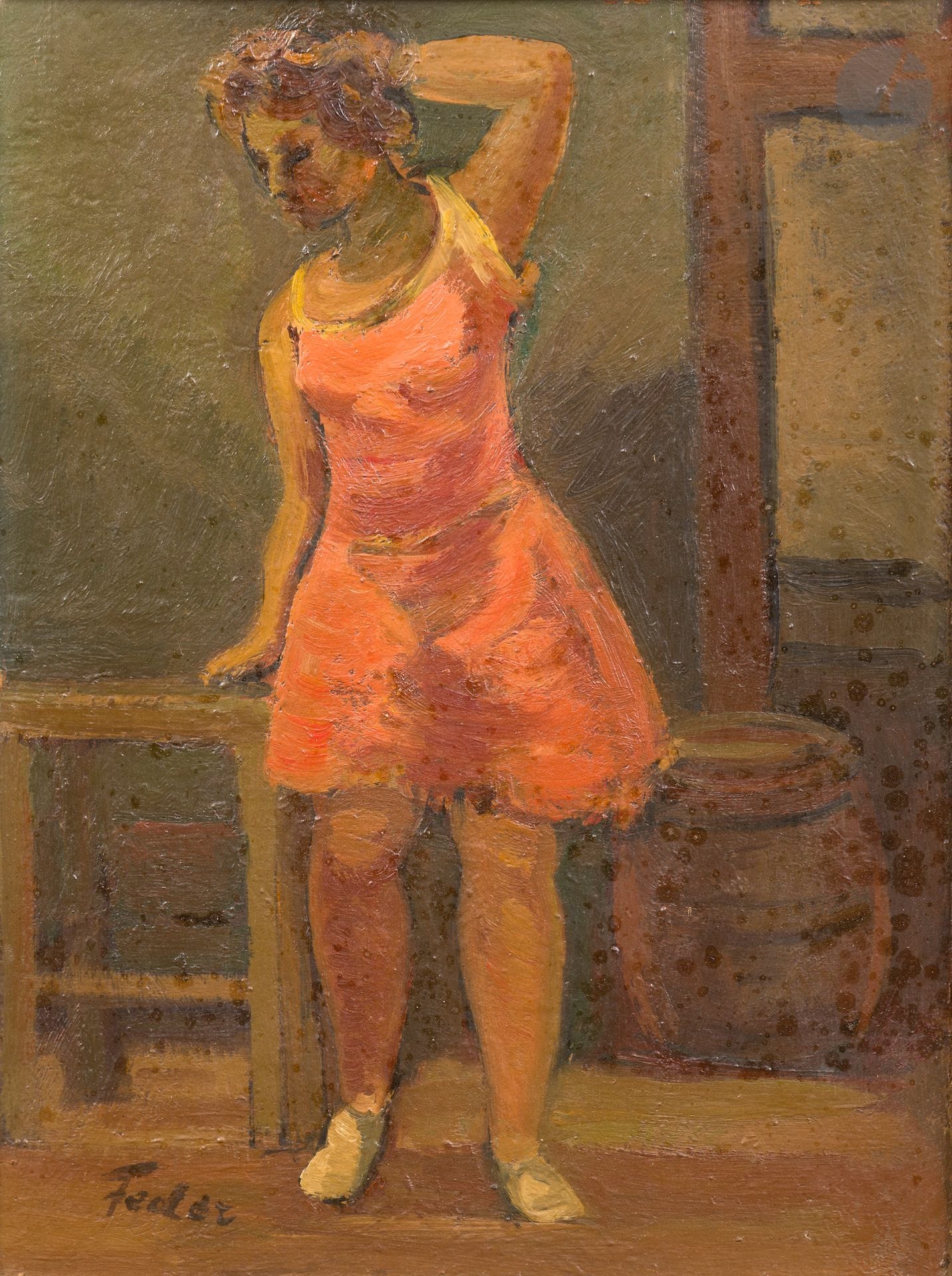 Adolphe FEDER (1886-1945)
Jeune fille dans l'atelier, 1939
Huile sur panneau.
Signée en bas à gauche.
Signée et datée au dos.
36 x 26 cm