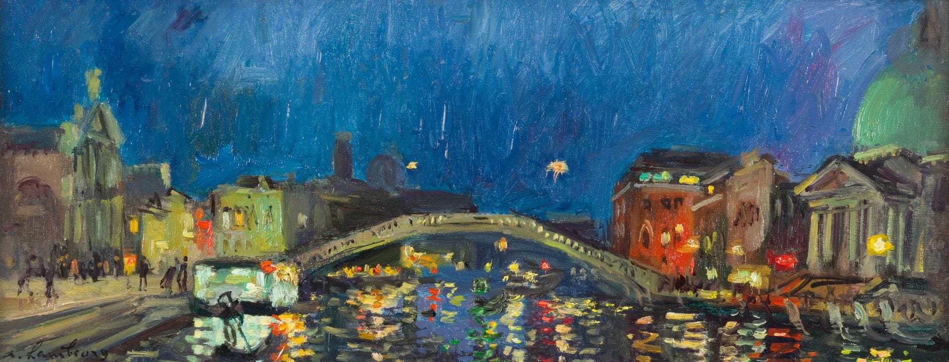 André HAMBOURG (1909-1999)
Venice at Night, 1960
Oil on canvas.
Signed lower left.
Monogrammed, dated and titled on the back.
20 x 51 cm

We would like to thank the Comité André Hambourg for kindly confirming the authenticity of this work. It will be included in the supplement to the Catalogue Raisonné.