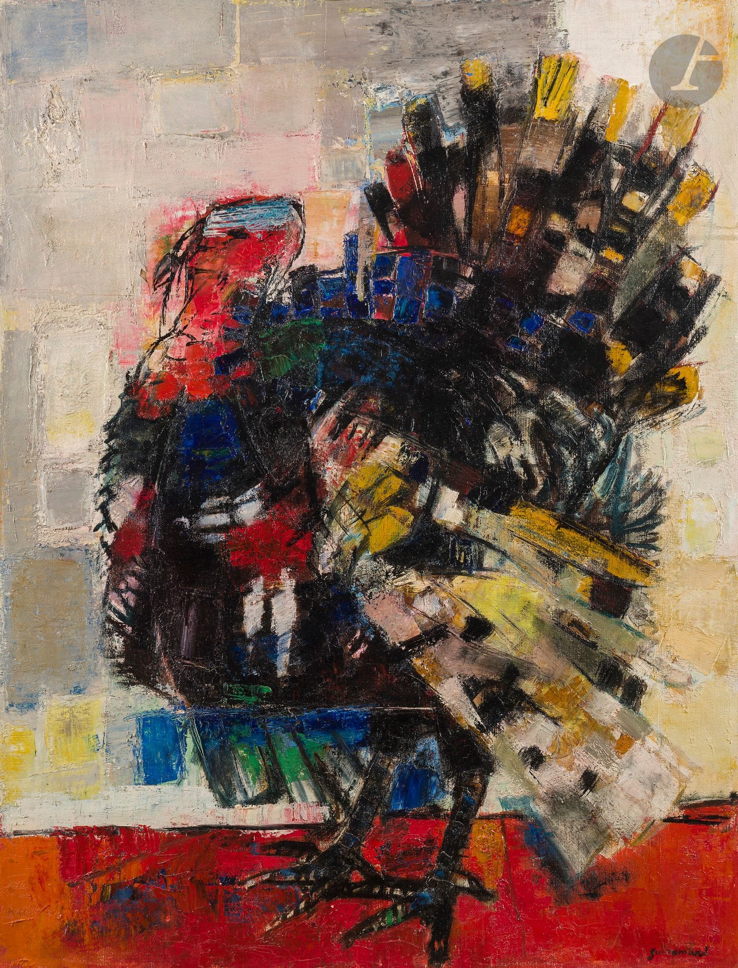 Paul GUIRAMAND (1926-2007)
The Turkey
Oil on canvas.
Signed lower right.
Signed and titled on the back.
(Misses).
116 x 89 cm

Provenance : 
Galerie Framond, Paris (label on back).