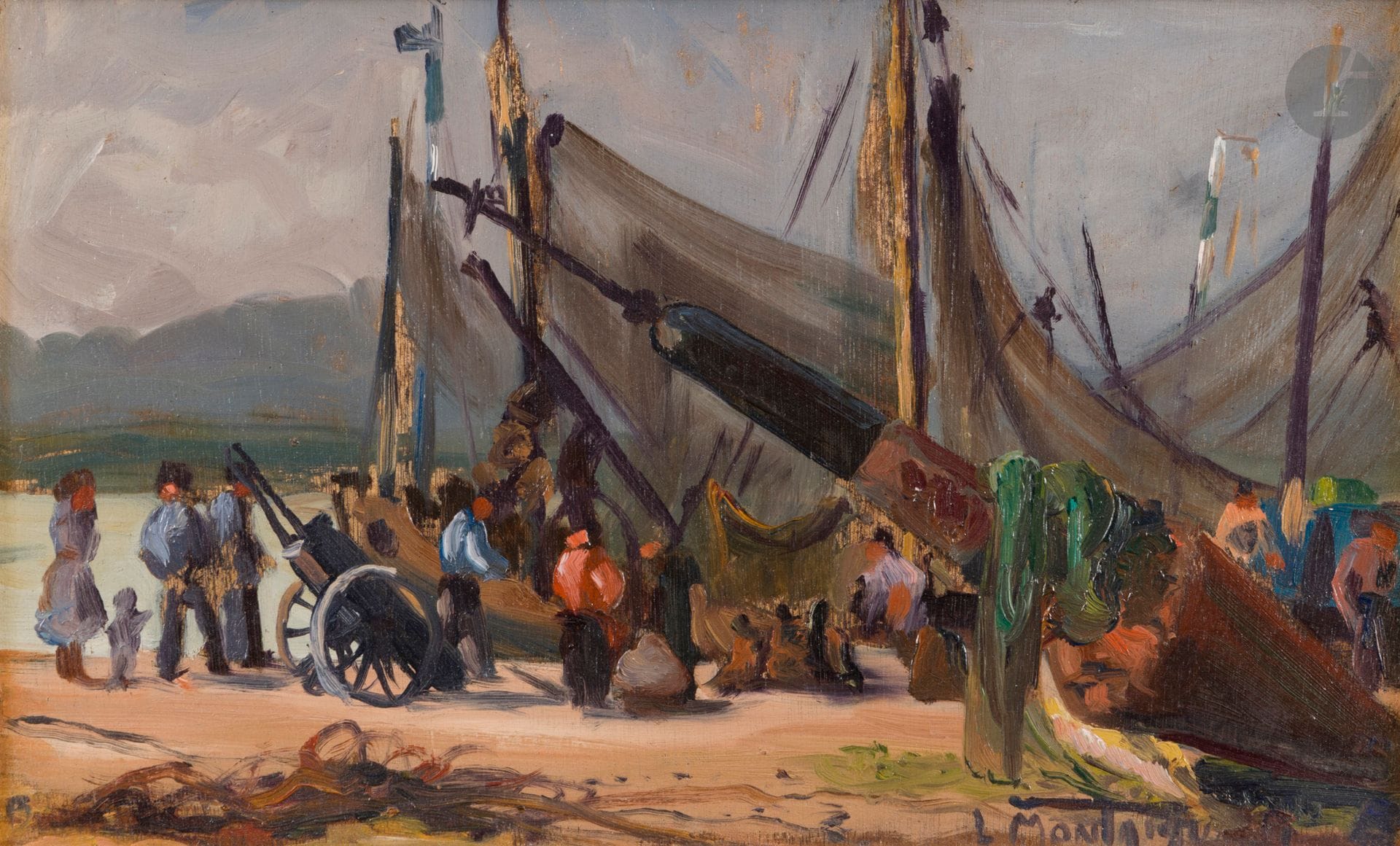 Louis MONTAIGU (1905-1988)
Retour de pêche, Berck
Huile sur panneau.
Signée en bas à droite.
Signée et située au dos.
Cachet d'atelier au dos.
24 x 38 cm