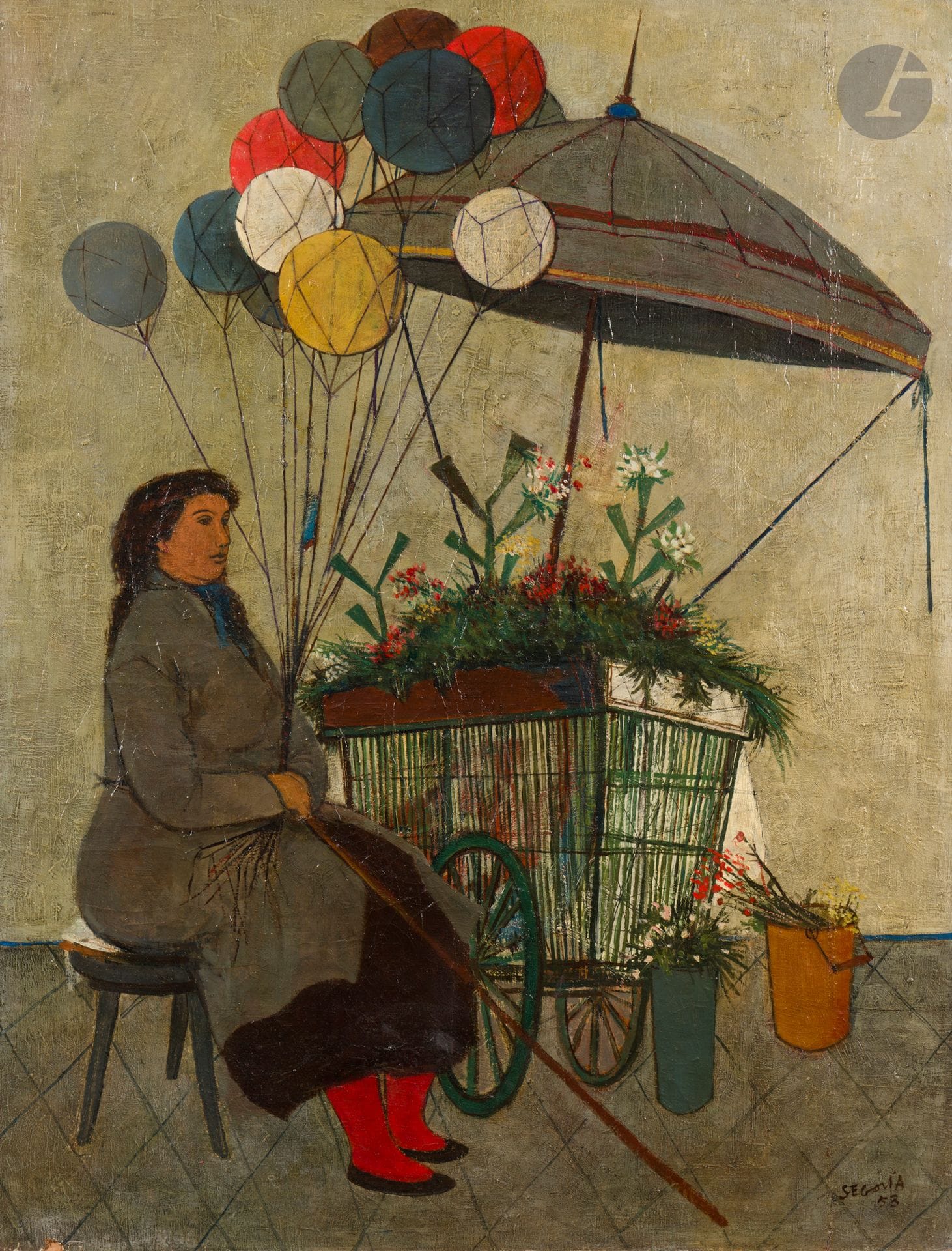 Andres SEGOVIA (1929-1996)
La Marchande de ballons, 1953
Huile sur toile.
Signée et datée en bas à droite.
116 x 89 cm

Provenance : 
Vente Me de Ricqlès, Hôtel Drouot, Paris, 29 novembre 1996, n° 80.

Exposition : 
Salon des peintres témoins de leur temps : Le Dimanche, Musée Galliera, 30 janvier - 1er mars 1953, Paris, reproduit p. 181.

Bibliographie : 
Éric Mercier, La Jeune peinture, Années 50, Tome II, Panorama de la jeune peinture, Zurich, Artacatos, 2010, reproduit p. 358.