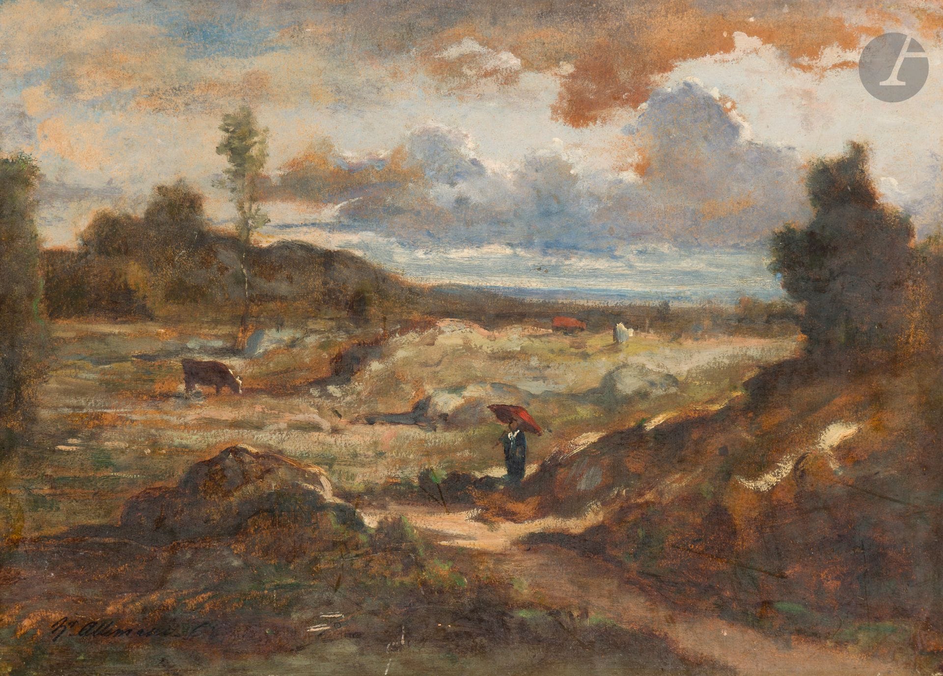 Hector ALLEMAND (1809-1886)
Paysage animé, 1868
Huile sur papier contrecollé sur toile.
Signée et datée en bas à gauche.
26.5 x 36 cm
