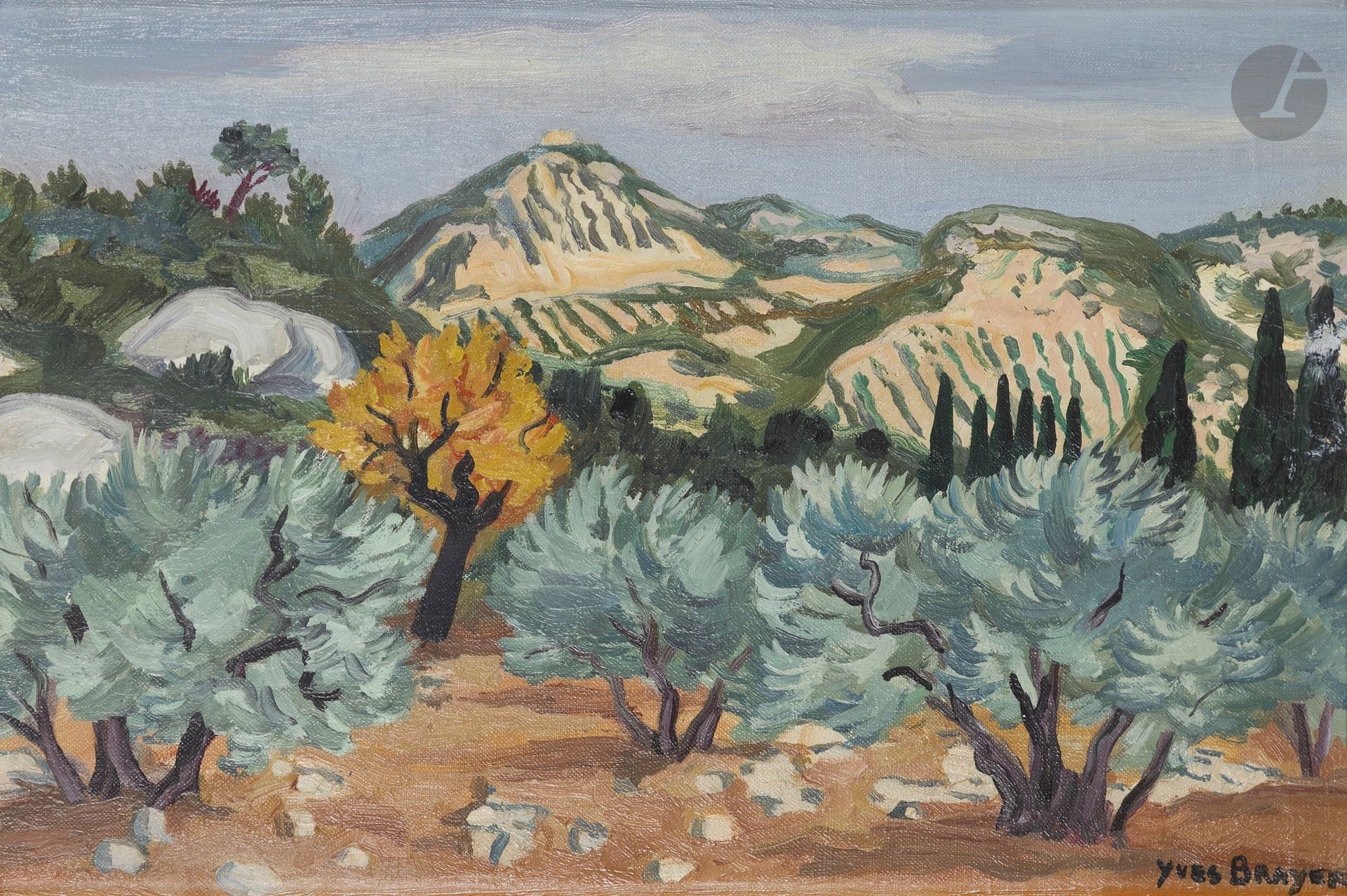 Yves BRAYER (1907-1990)
Oliviers dans les Alpilles, 1979
Huile sur toile.
Signée en bas à droite.
Titrée au dos sur le châssis.
24 x 35 cm

Bibliographie : 
Lydia Harambourg, Hermione, Corinne et Olivier Brayer, Yves Brayer Catalogue Raisonné de l'œuvre peint, Tome 2, 1961-1990, Lausanne, La Bibliothèque des Arts, n° 3720, reproduit p. 278.
