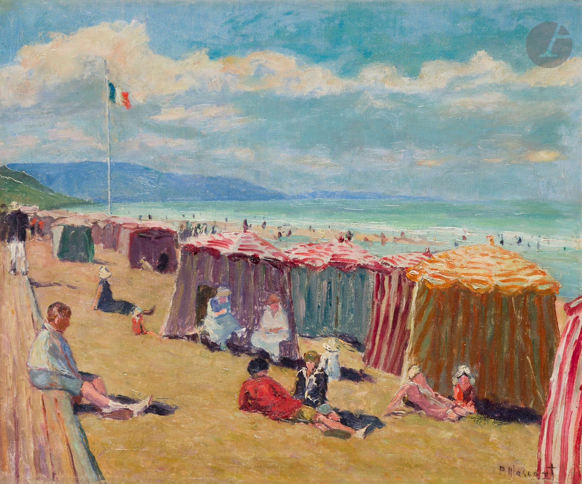 Paul MASCART (1874-1958)
Plage animée à Deauville, 1924
Huile sur toile.
Signée en bas à droite.
(Rentoilée).
46 x 55 cm