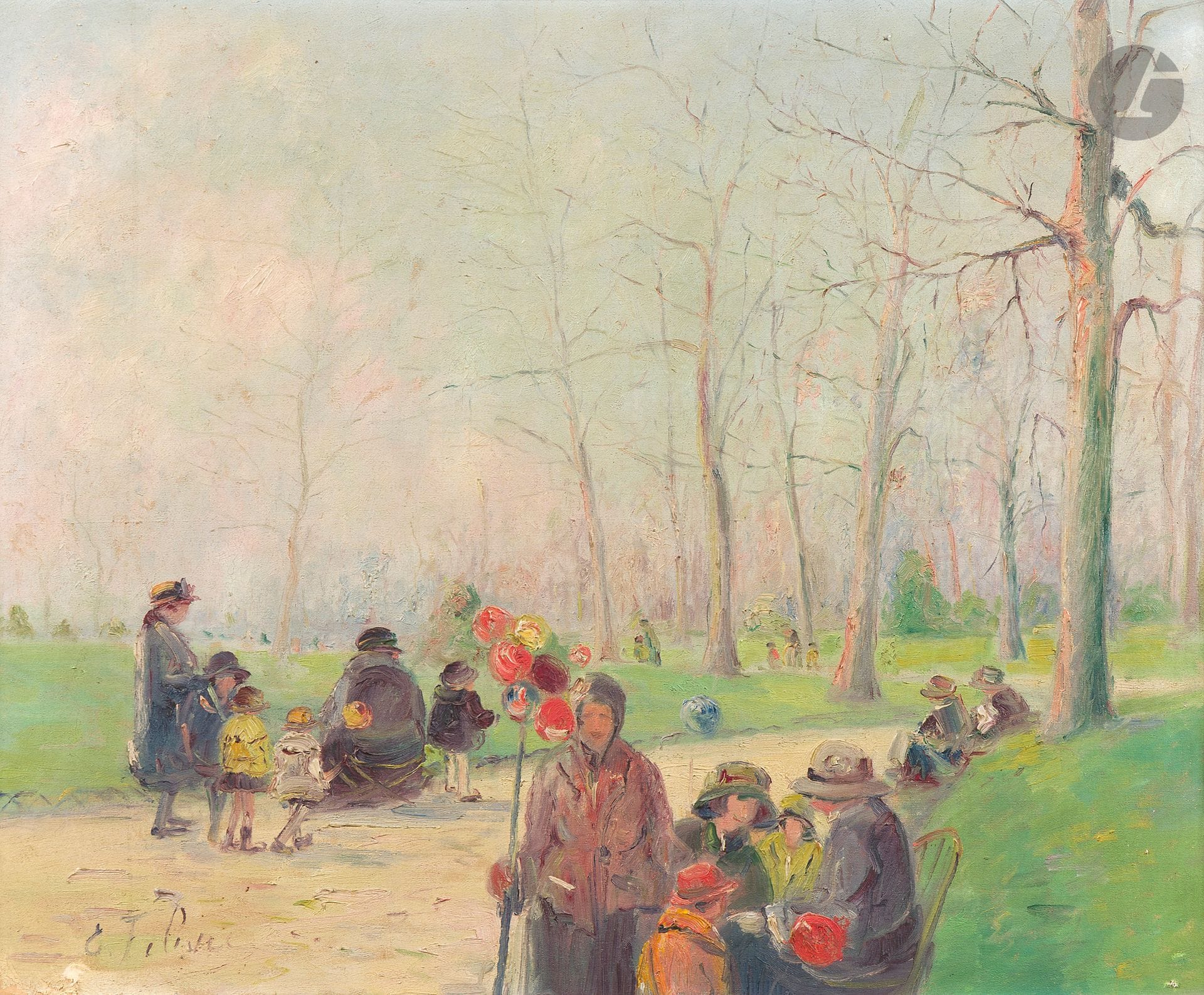Edouard FEBVRE (1885-1967)
Promenade au jardin du Luxembourg, 1924
Huile sur toile.
Signée en bas à gauche.
Signée, datée et titrée au dos.
49 x 60 cm