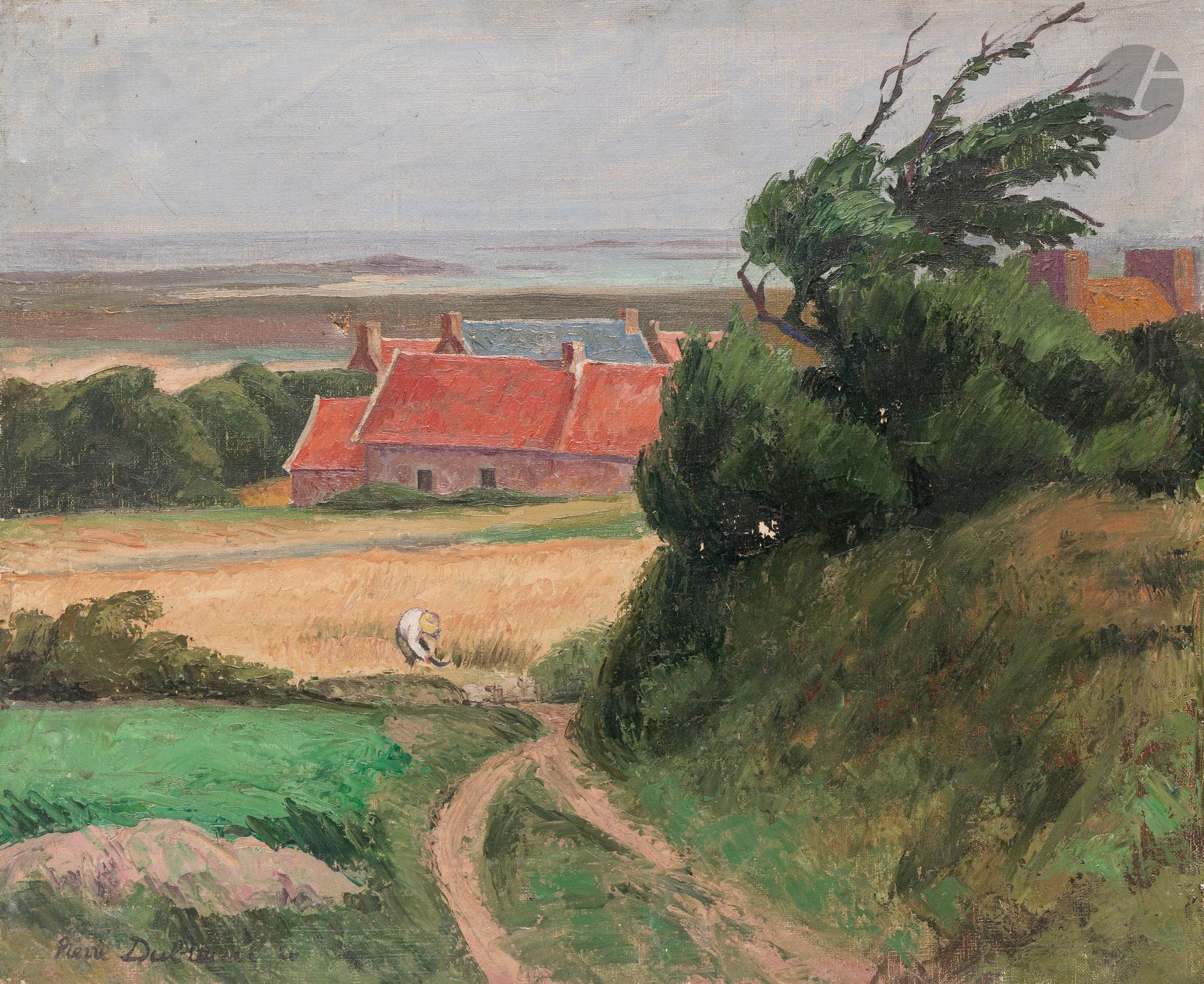Pierre DUBREUIL (1891-1970)
Mas provençal, 1926
Huile sur toile.
Signée et datée en bas à gauche. 
Annotée au dos : "Tableau donné par Maurice Vidil à Guy Krohg en 1949. Remis chez Misiaud en 1954 par Guy Krogh qui reçu de {...} Didil".
(Accidents et manques).
60 x 73.5 cm