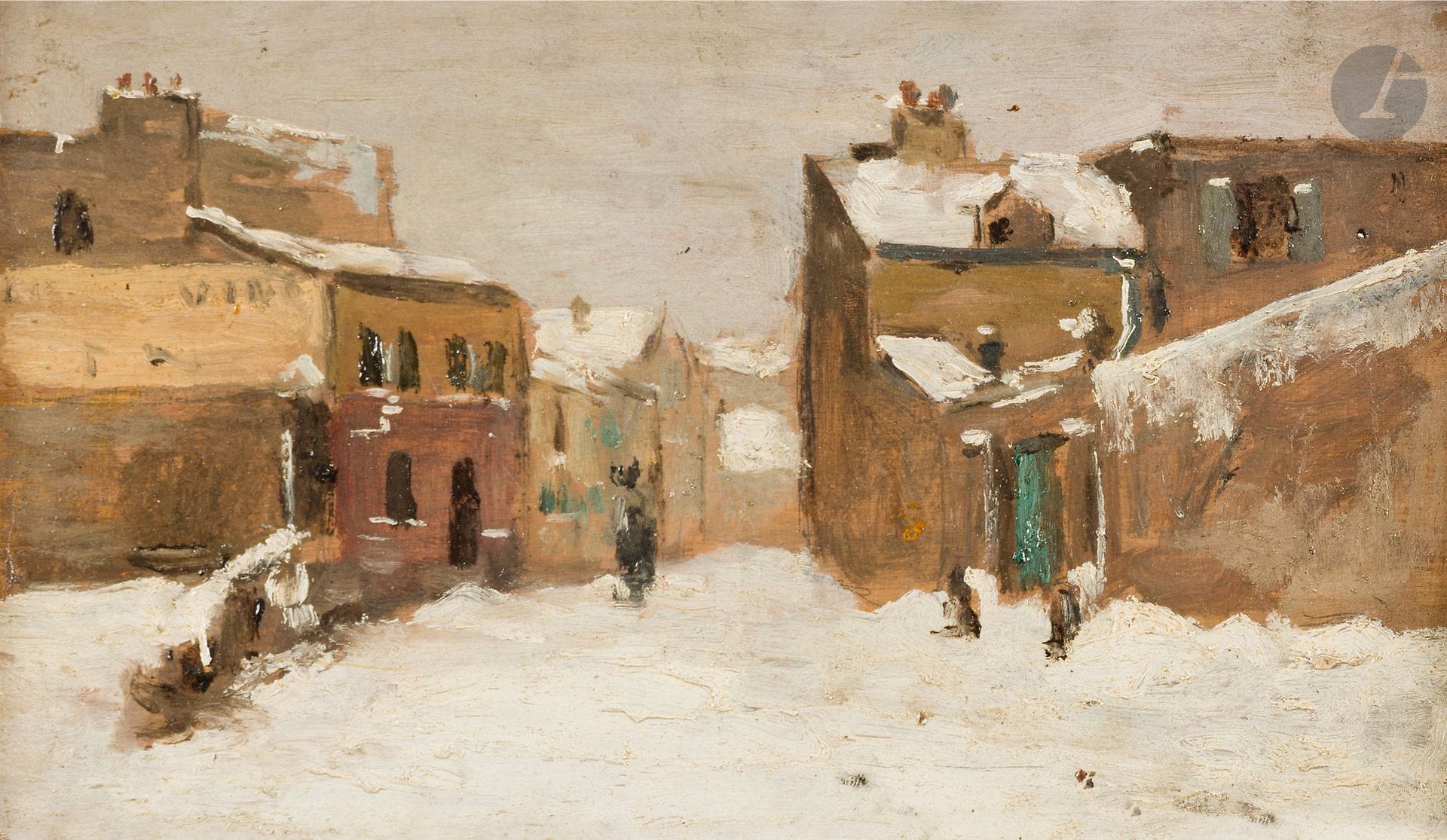 Louis-Michel HADENGUE (1851-1893)
Rue des Rosiers, Montmartre, 1869
Huile sur panneau.
Signée, datée et située au dos.
Inscription " Rue des Rosiers (Montmartre) - à droite Maison où furent fusillés les Généraux Clément-Thomas et Lecomte - 1871 ".
14 x 23 cm