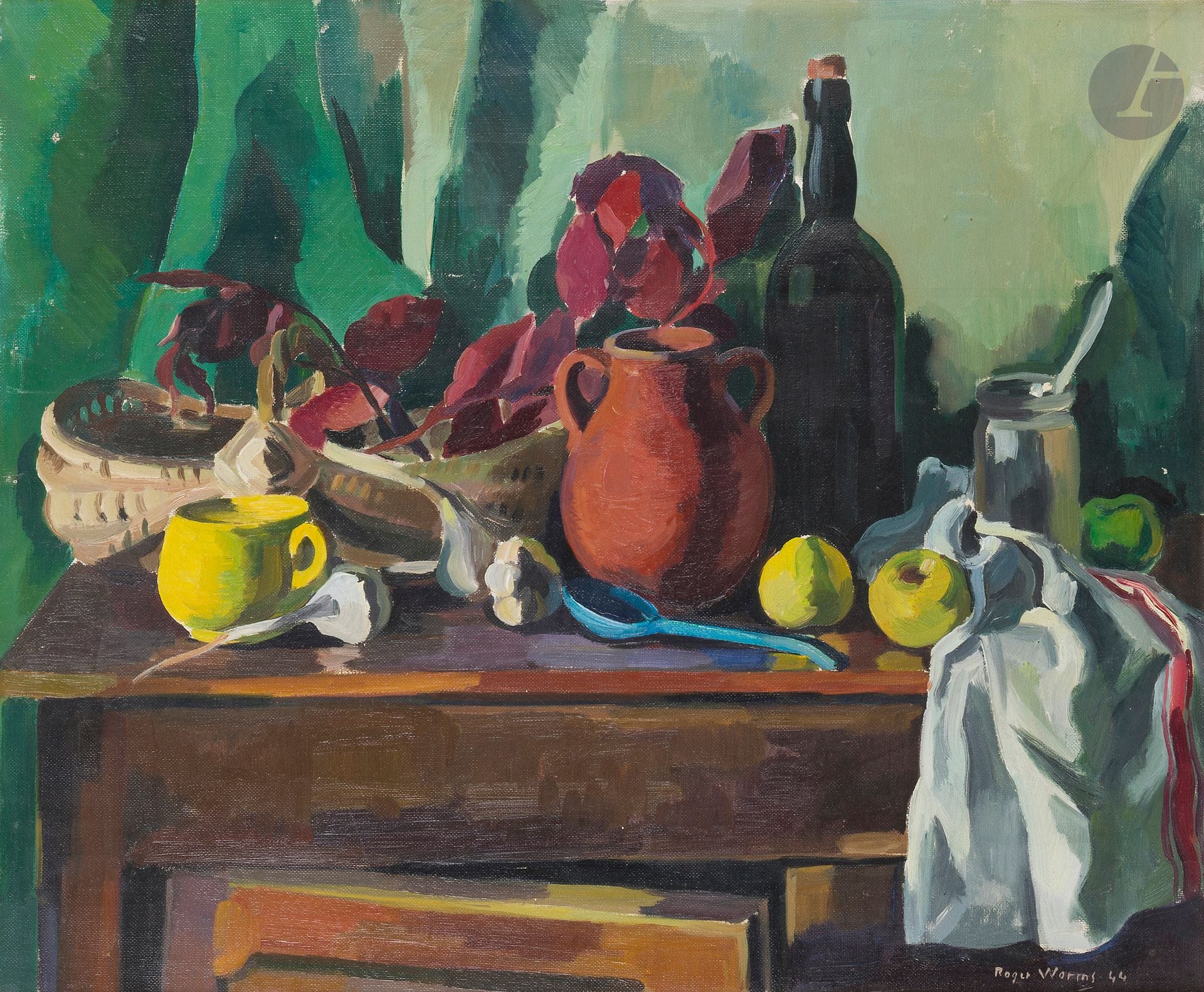 Roger WORMS (1907-1980)
Nature morte au pot rouge, 1944
Huile sur toile.
Signée et datée en bas à droite.
(Petits accidents).
54 x 65 cm

Provenance : 
Galerie de Berri, Paris (étiquette au dos).