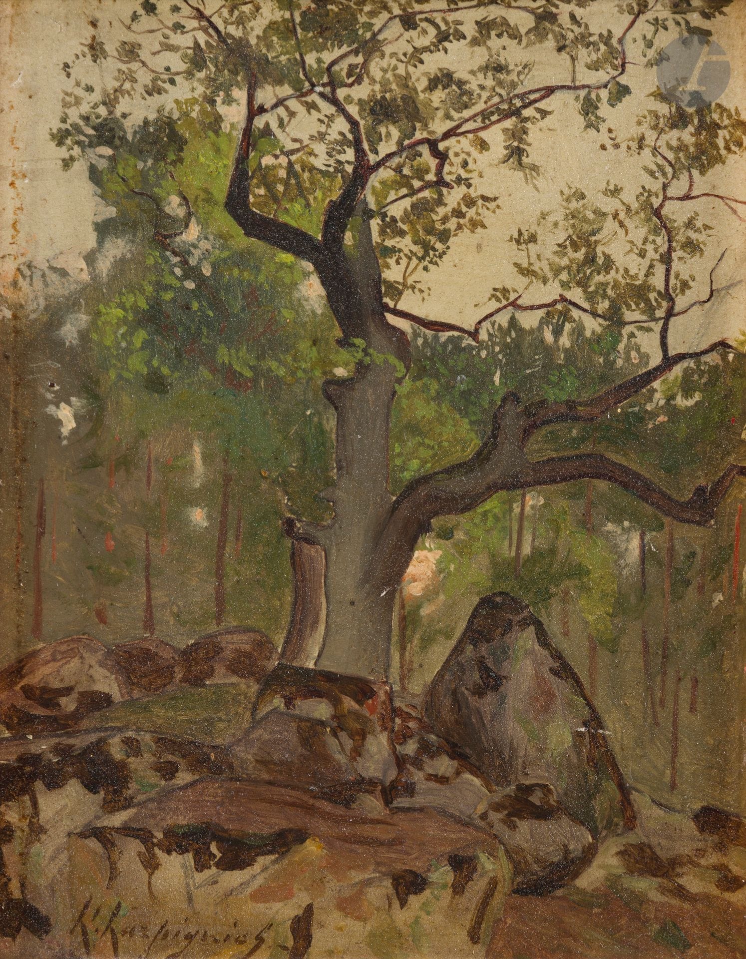 Henri Joseph HARPIGNIES (1819-1916)
Forêt de Fontainebleau
Huile sur carton.
Signée en bas à gauche.
24 x 19 cm

Nous remercions Monsieur Jean-Pierre Cappoen d'avoir confirmé l'authenticité de cette œuvre. Cette œuvre sera incluse au catalogue raisonné en préparation par Monsieur Cappoen.