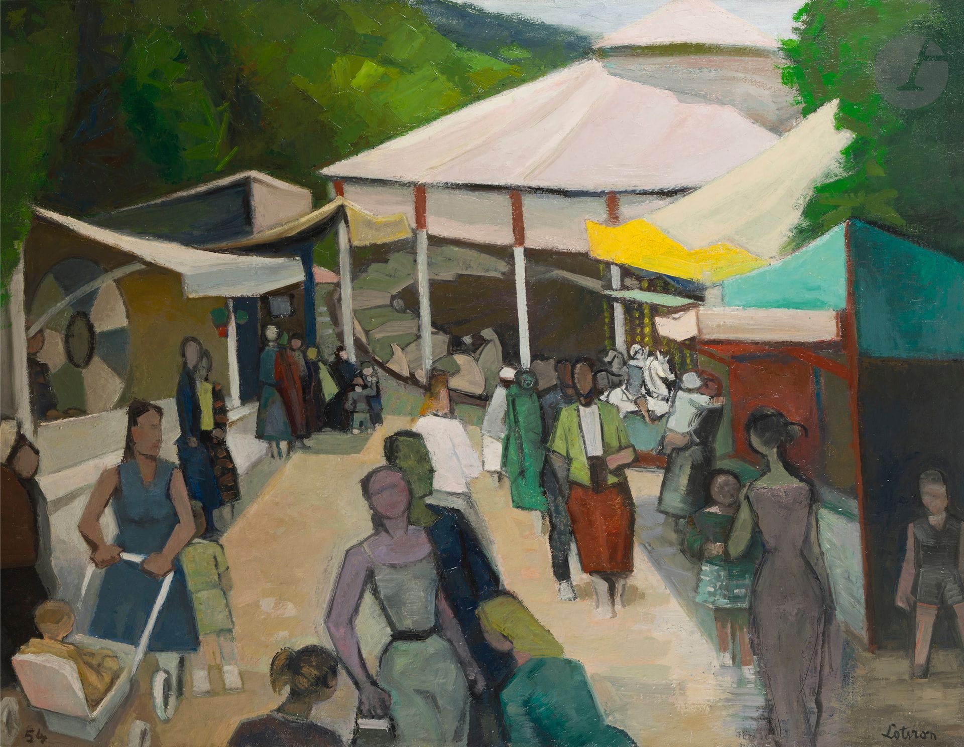 Robert LOTIRON (1886-1966)
Fête à Bougival, 1954
Huile sur toile.
Signée en bas à droite.
Datée en bas à gauche.
114 x 146 cm

Provenance : 
Collection de l'artiste Robert Lotiron. Par descendance.

Exposition : 
Rétrospective Lotiron, Salon d'Automne, Paris, 1954, catalogue, n° 174, reproduit p. 52.