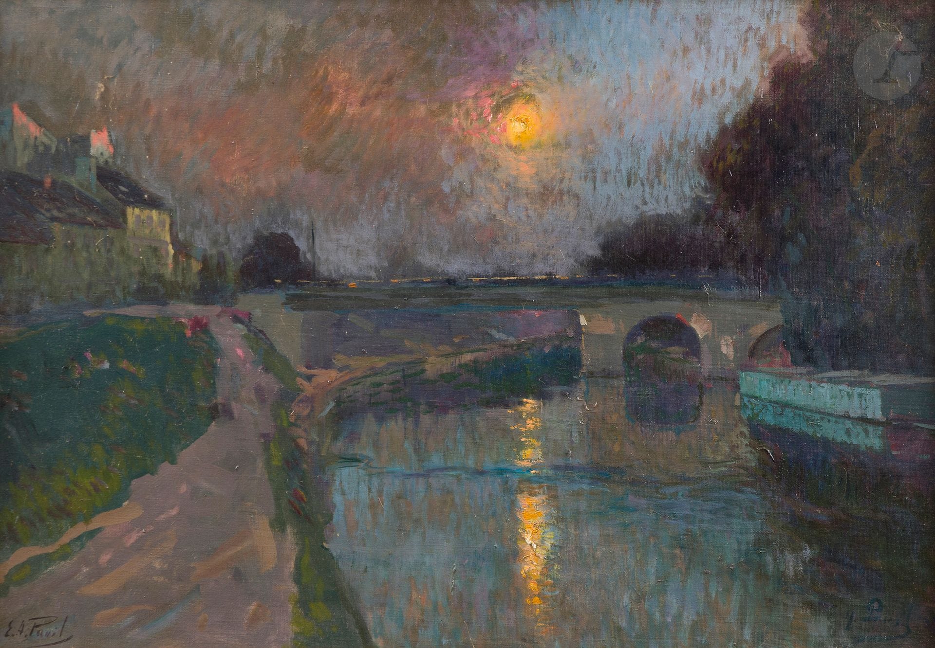 Elie-Anatole PAVIL (1873-1944)
Clair de lune sur le pont
Huile sur toile.
Signée en bas à droite.
(Restaurations).
50 x 73 cm