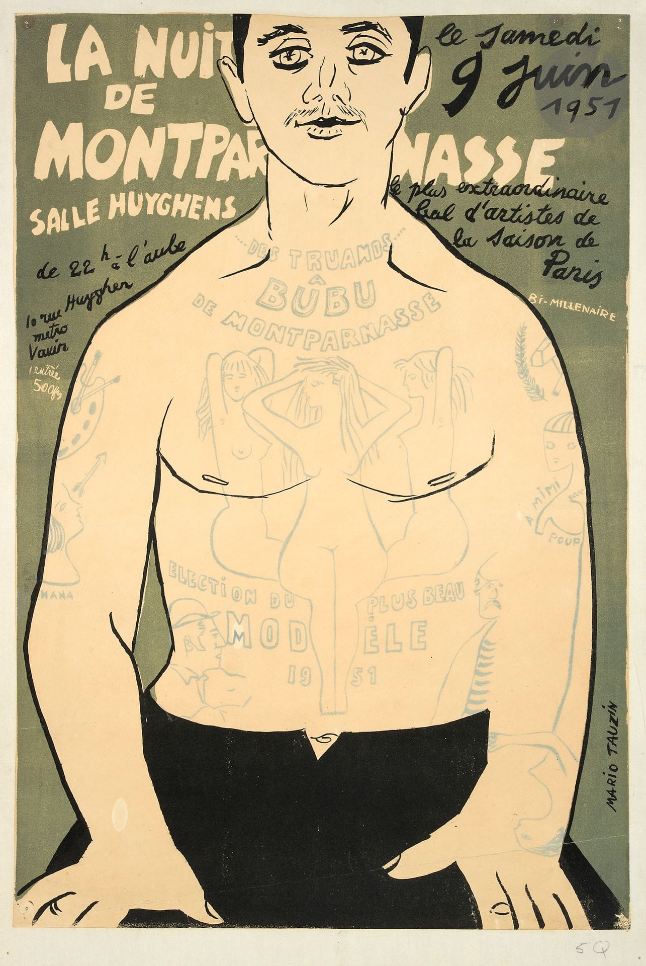 Mario TAUZIN (1909-1979)
La nuit de Montparnasse, 1951
Chromolithographie. Entoilée.
Sans Imp.
Traces de pliures.
60 x 40 cm