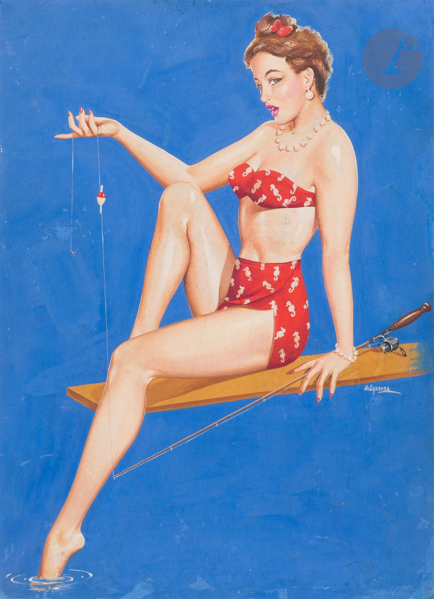 ANONYME
Pin-up péchant à la ligne, 17 mars 1951
Gouache sur carton.
Signature illisible.
Datée au dos.
48 x 35 cm