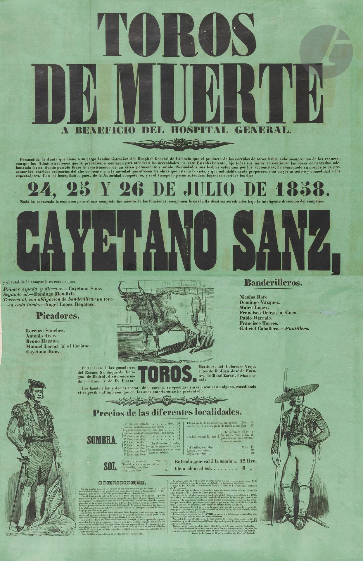 ANONYMOUS 
Toros de muerte, Cayetano Sanz, 24, 25 y 26 julio 1858
Letterpress poster with three woodcut vignettes. 
No print. 
Good condition. 
113 x 75 cm