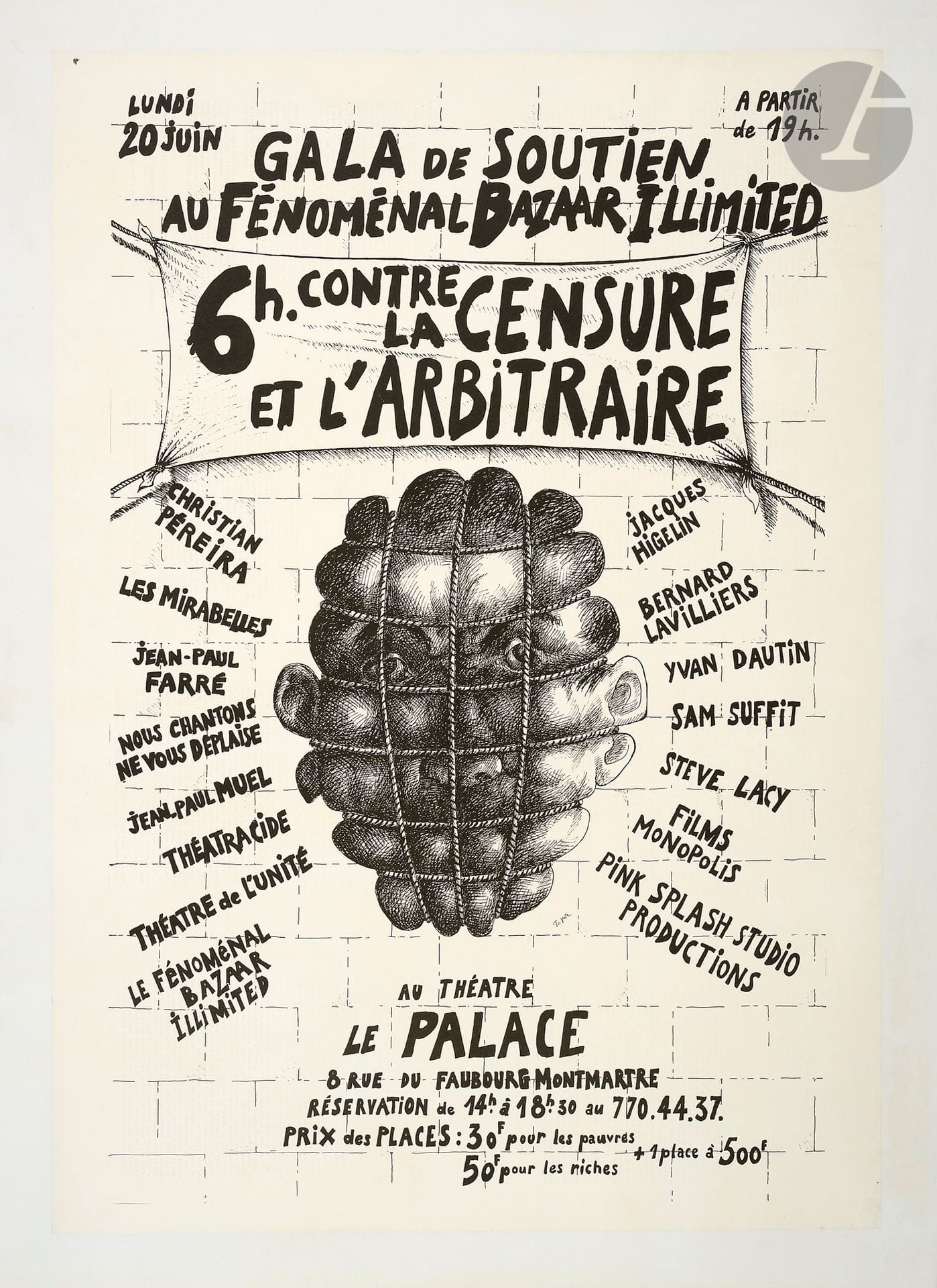 Roland TOPOR (1938-1997) 
Gala de soutien au Fenomenal Bazaar Illimited. 6h contre la censure et l’arbitraire, au théâtre le Palace
Lithographie. Entoilée. 
Sans Imp.
Signée en pied. 
79 x 56 cm