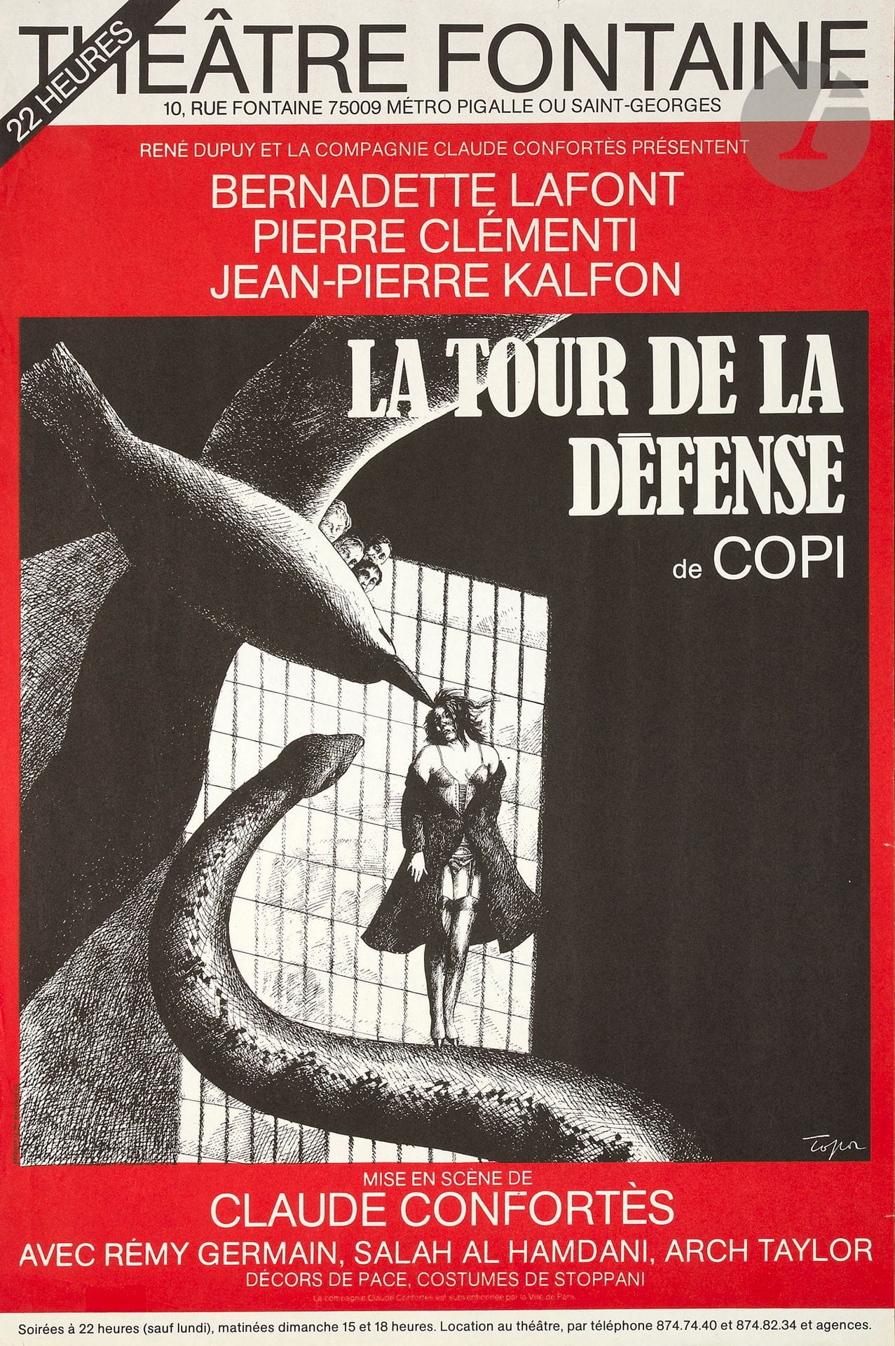 Roland TOPOR (1938-1997) 
La Tour de La Défense, Théâtre Fontaine, 1981 
Chromolithographie. Non entoilée.
Sans Imp. 
Signée en bas à droite. 
57 x 37,5 cm

Rare à tous points de vue.