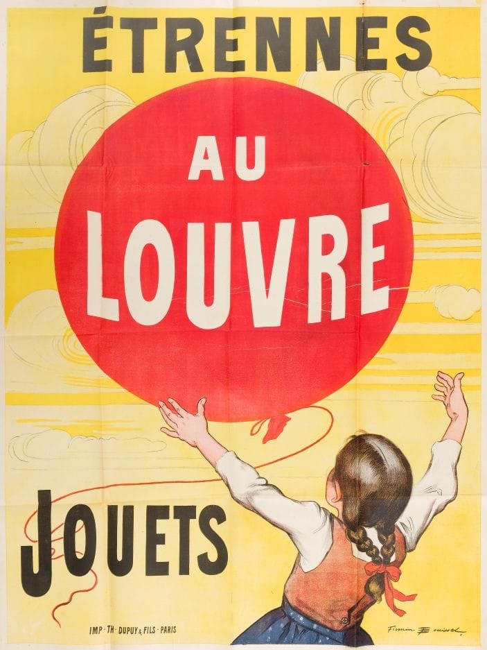 Firmin-Etienne BOUISSET (1859-1925)
Étrennes au Louvre
Chromolithographie. Non entoilée.
Imp. Th. Dupuy & Fils, Paris.
Signée en bas à droite.
Plis non marqués. Traces, rousseurs et infimes manques.
130 x 94 cm