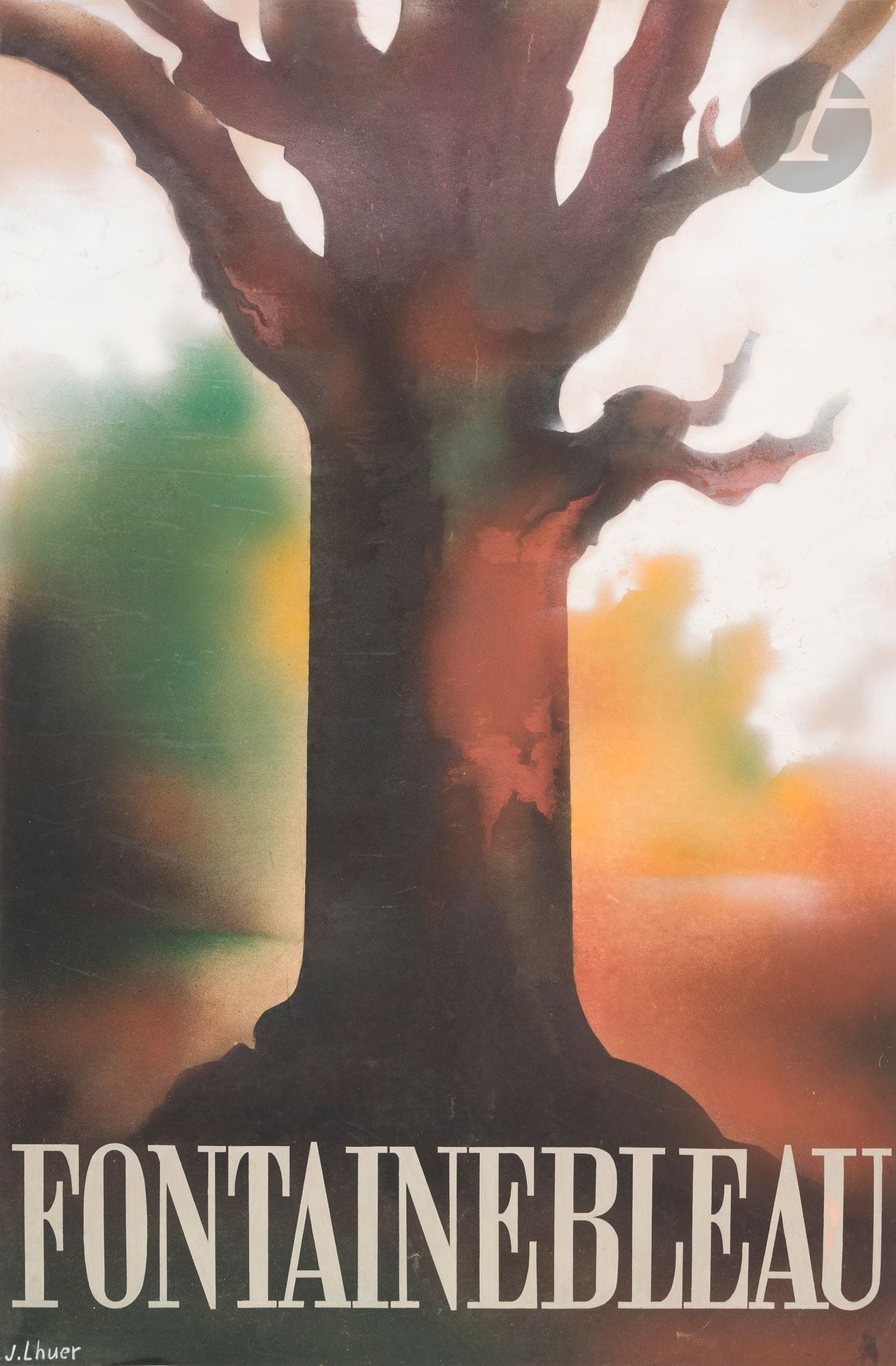 Jean LHUER (1910-1991) 
Fontainebleau 
Gouache sur papier fort. Entoilée. 
Signée en bas à droite. 
118 x 79 cm 

Jean Lhuer fut pendant toutes les années Saint-Raphaël l’assistant de Charles Loupot.