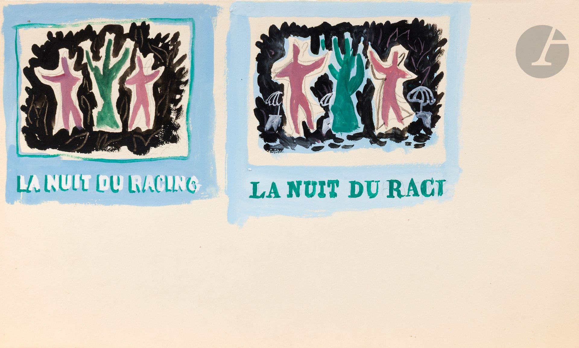 Bernard VILLEMOT (1911-1990)
La Nuit du racing, Sud-Ouest et Air France
4 projets d’illustrations.
Gouache et mine de plomb.
16 x 27 cm (2) - 35 x 26,5 cm (2)