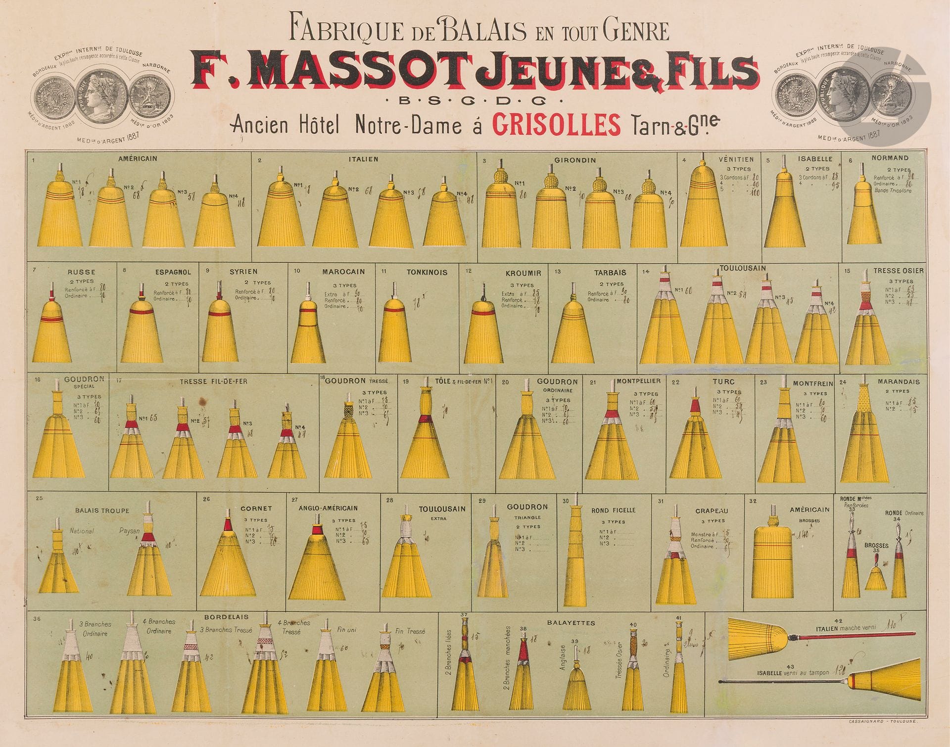 ANONYME 
F. Massot Jeune & Fils – Fabrique de balais en tout genres 
Chromolithographie. Entoilée. 
Imp. Cassaignard, Toulouse. 
Bon état. 
44 x 56 cm 

Délicieux balai de balais.