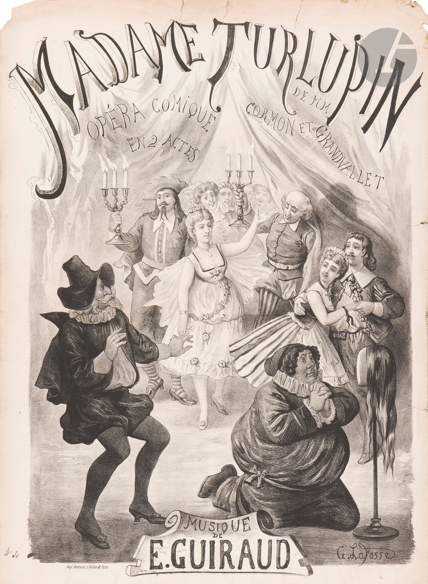 G. LAFOSSE (1844-1880) 
Madame Turlupin, 1872 
Chromolithographie contrecollée sur papier. Non entoilée. 
Imp.Bertauts, 49 rue Rodier, Paris. 
Signée en bas à droite. 
Manques sur les bords. 
70 x 52 cm