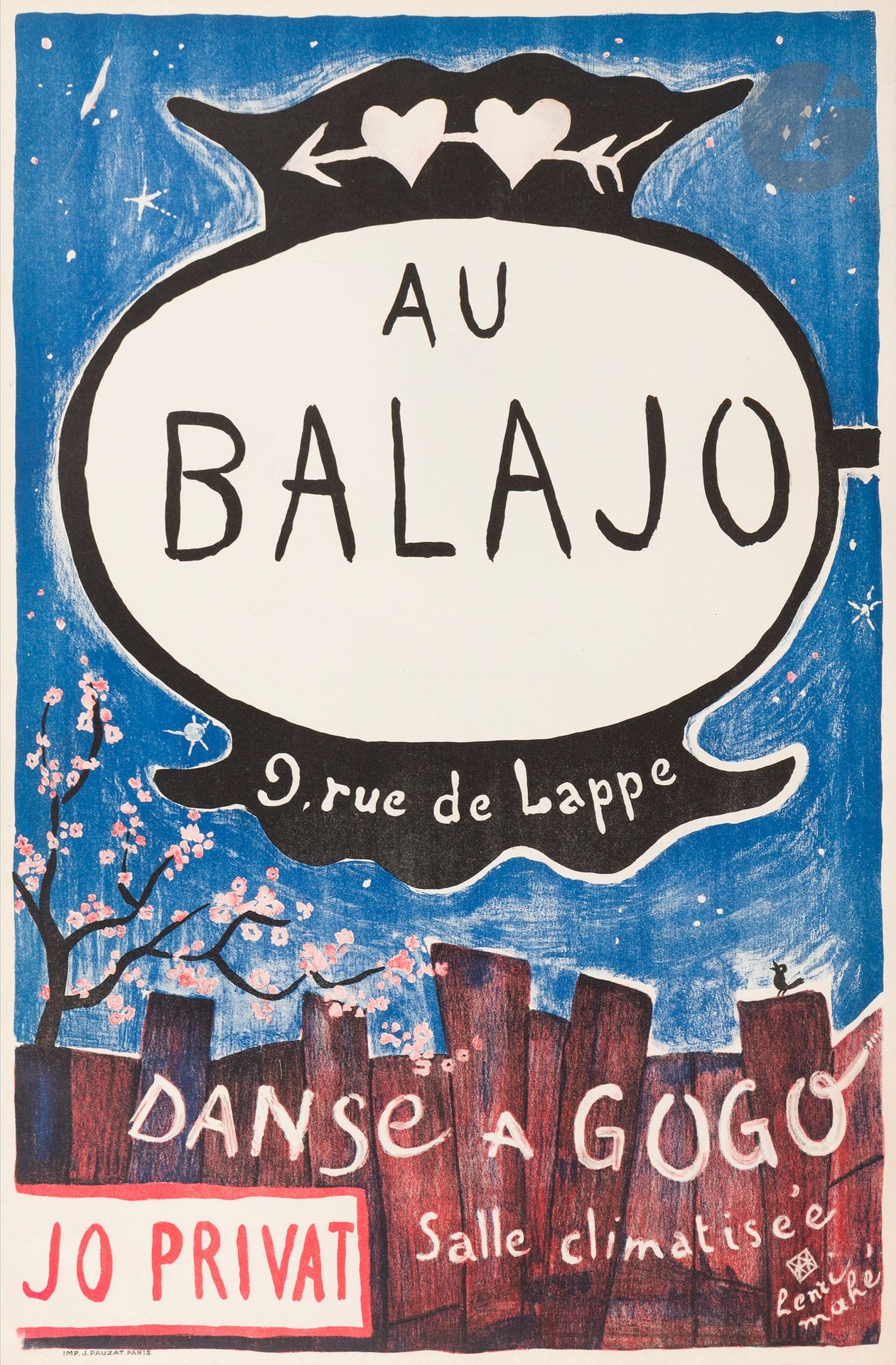 Henri MAHE (1907-1975) 
Au Balajo, danse à gogo, 1952-1954 
Chromolithographie. Entoilée. 
Imp. J. Pauzat, Paris. 
Signée en bas à droite. 
60 x 40 cm