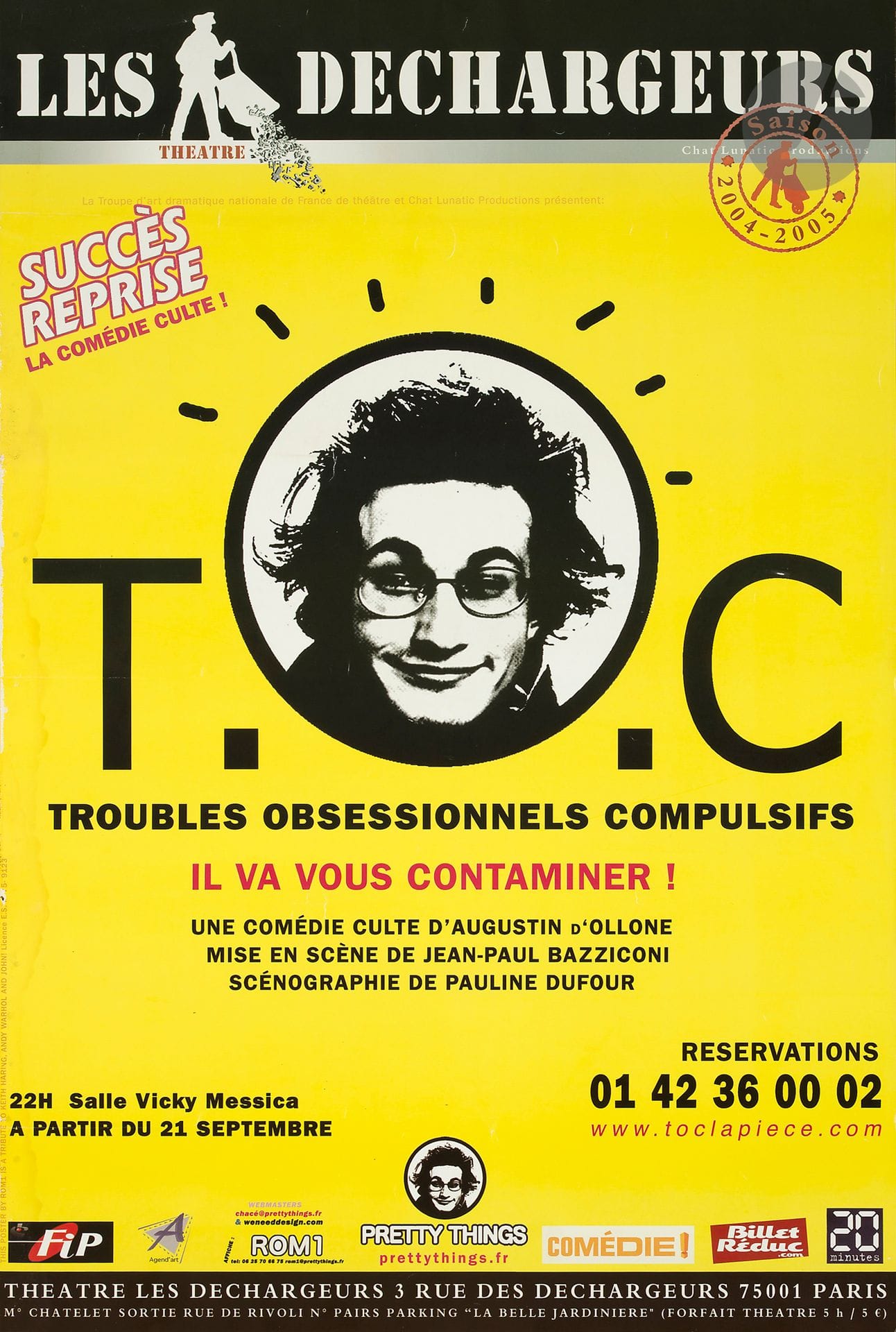 ROM1-ROMAIN POIRIER (XX-XXIe siècle) 
T.O.C (Troubles Obsessionnels Compulsifs), Théatre Les Déchargeurs, 2007 
Chromolithographie. Non entoilée.
Sans Imp. 
60 x 40 cm

Il innonda Paris de sa tronche.