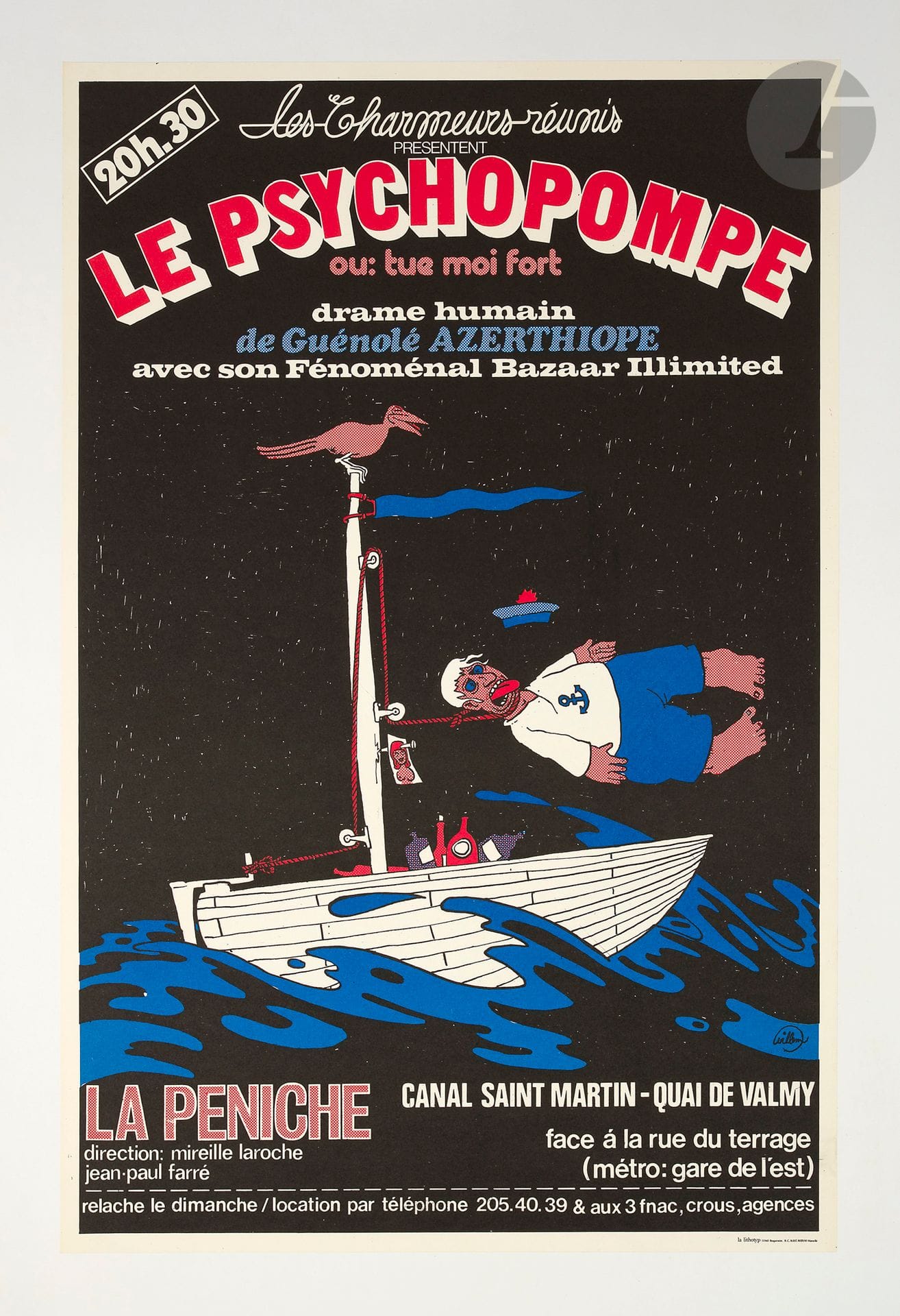 Bernhard Willem Holtrop, known as WILLEM (born 1941)
The Psychopomp of Guénolé Azerthiope 
Chromolithograph. Mounted on canvas. 
Imp. La Lithotip. 
Signed lower right. 
59 x 39 cm