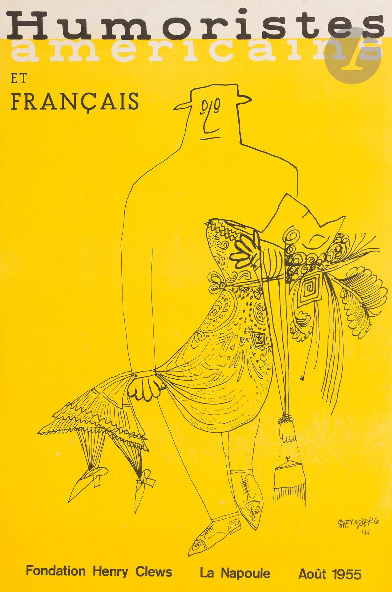 Saül STEINBERG (1914-1999) 
Humoristes américains et français, 1948. Fondation Henry Clews, août 1955
Chromolithographie. Entoilée. 
Sans imp. 
Signée en bas à droite. 
60 x 40 cm