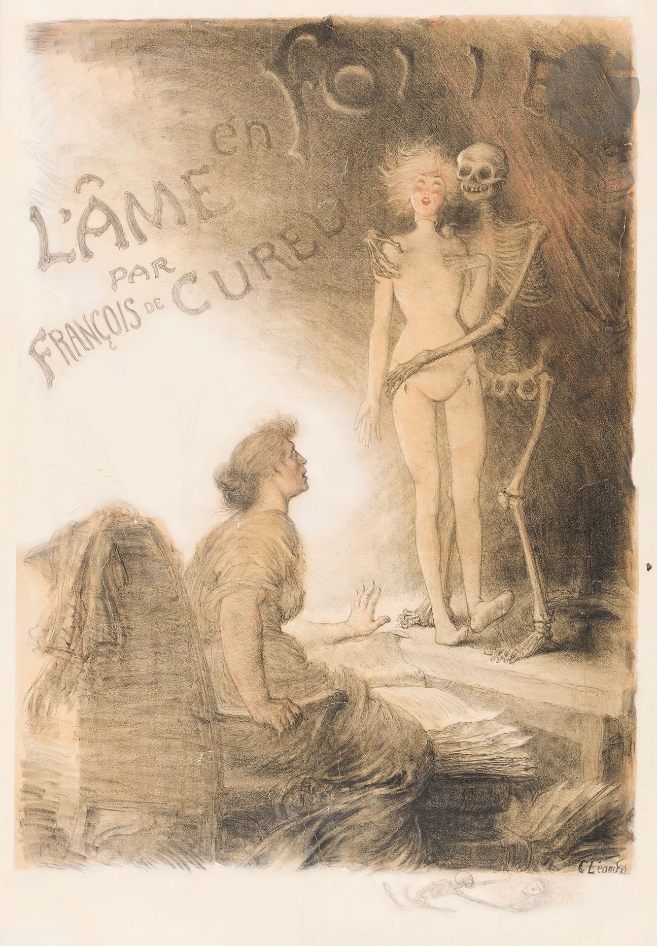 Charles LÉANDRE (1862-1934)
The Mad Soul 
Chromolithograpy. Interleaved. 
Without Imp. 
Signed lower right. With remark. Play by François de Curel. 
Minor defects. 
122 x 81 cm