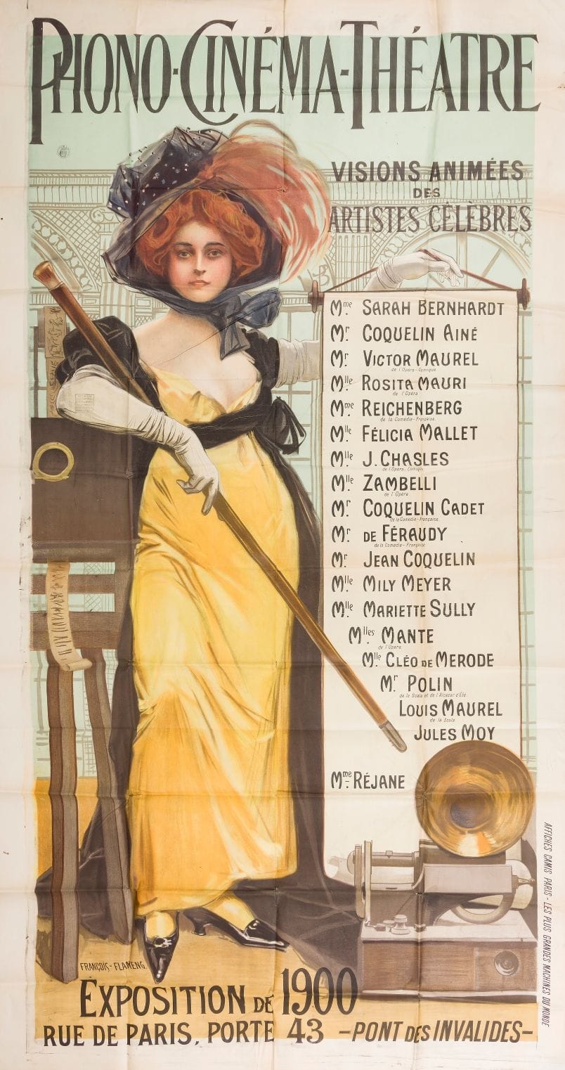 François FLAMENG (1856-1923)
Phono-Cinéma-Théâtre, visions animées des artistes célèbres (Mme Sarah Bernhardt…), 1900
Chromolithographie. Non entoilée.
Imp. Camis, Paris.
Bon état. Plis non marqués. Infimes manques.
248 x 131cm