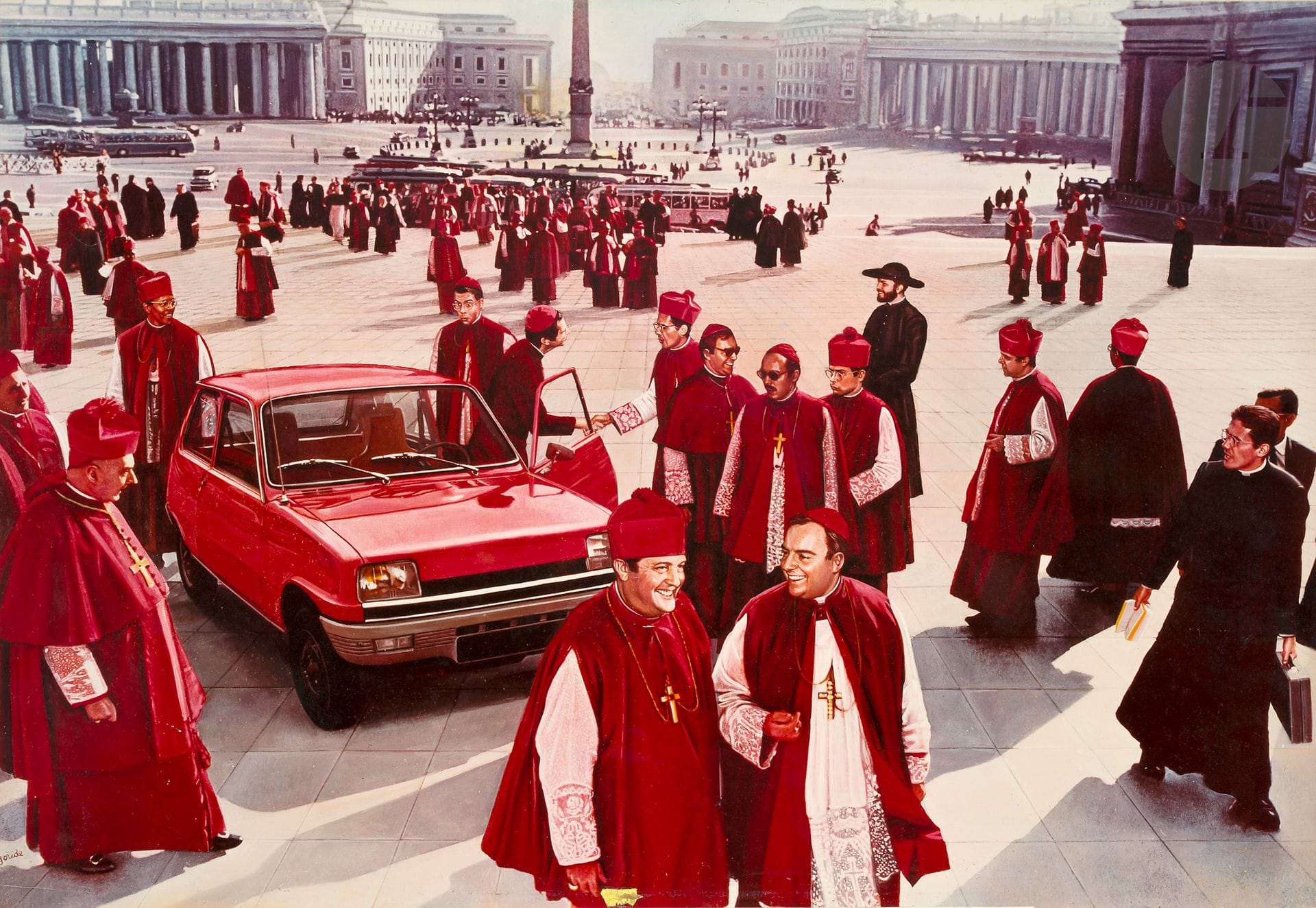 Jean-Paul GOUDE (born 1938)
Advertisement for La R5 au Vatican, Renault
Offset photographic print.
No print.
Signed lower left.
42 x 60 cm

Created by the great advertising man Jean-Paul Goude, author of the famous parade-show for the bicentenary of the French Revolution.