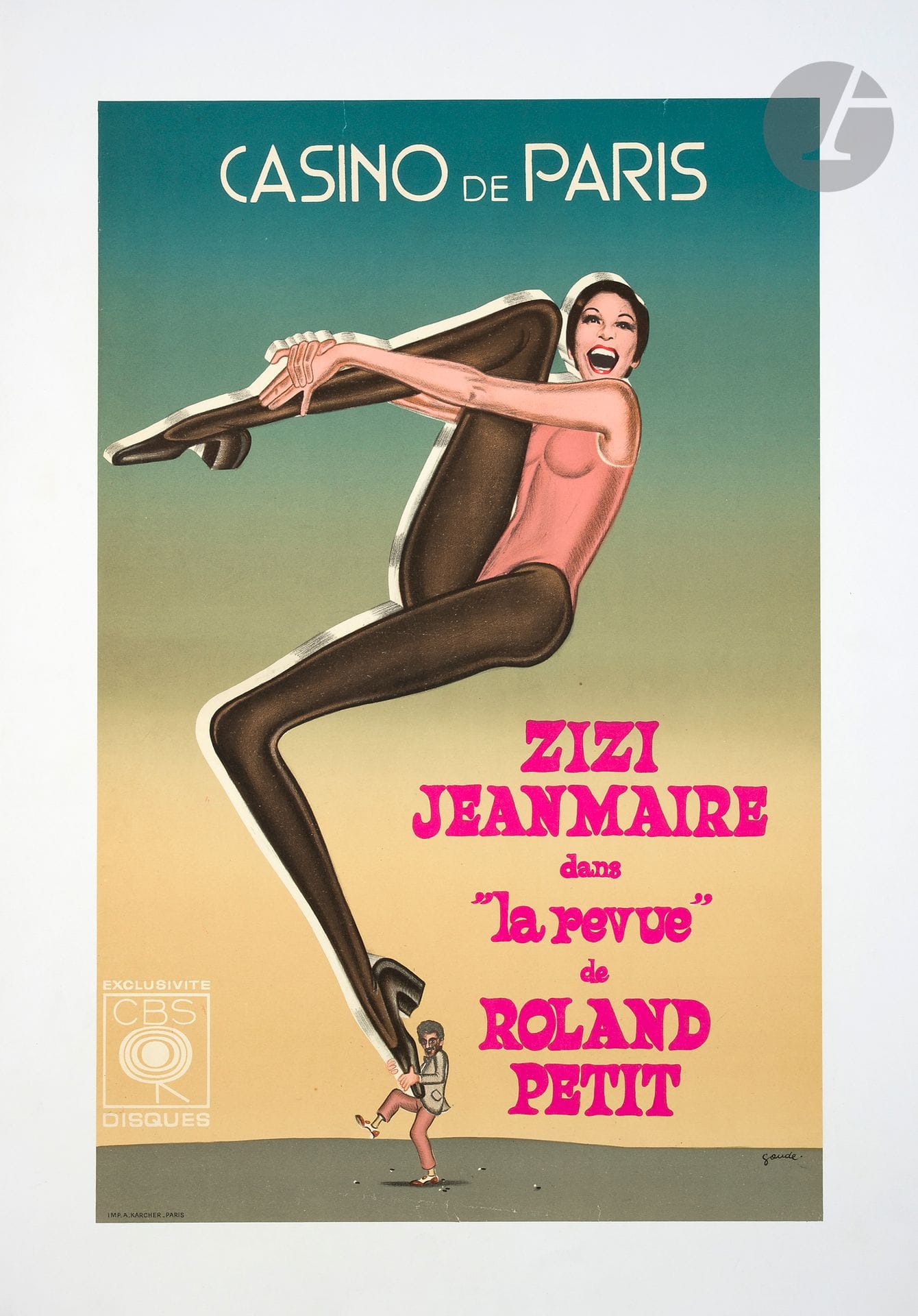 Jean-Paul GOUDE (né en 1940)
Zizi Jeanmaire dans la revue, Casino de Paris, 1970
Chromolithographie sur papier fort. Non entoilée.
Imp. A. Karcher, Paris.
Signée en bas à droite.
70 x 49,5 cm