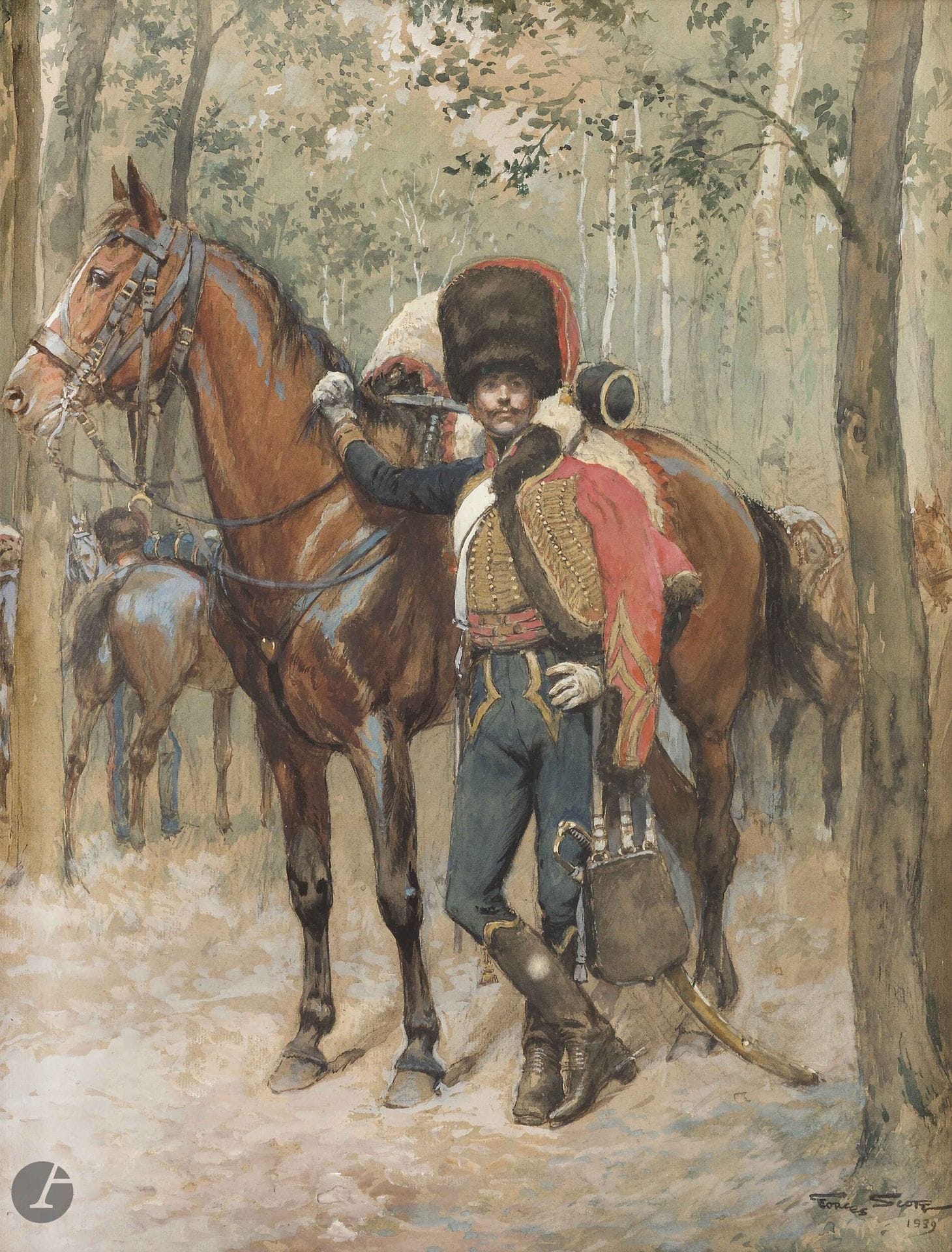 Georges SCOTT (1873-1943)
Hussard au bivouac tenant son cheval
Grande aquarelle et rehauts de gouache. 
Signée et datée 1939 en bas à droite (une petite tache de moisissure). 
48 x 38 cm
Sous verre. 
Cadre de style Empire en bois à garniture en laiton.