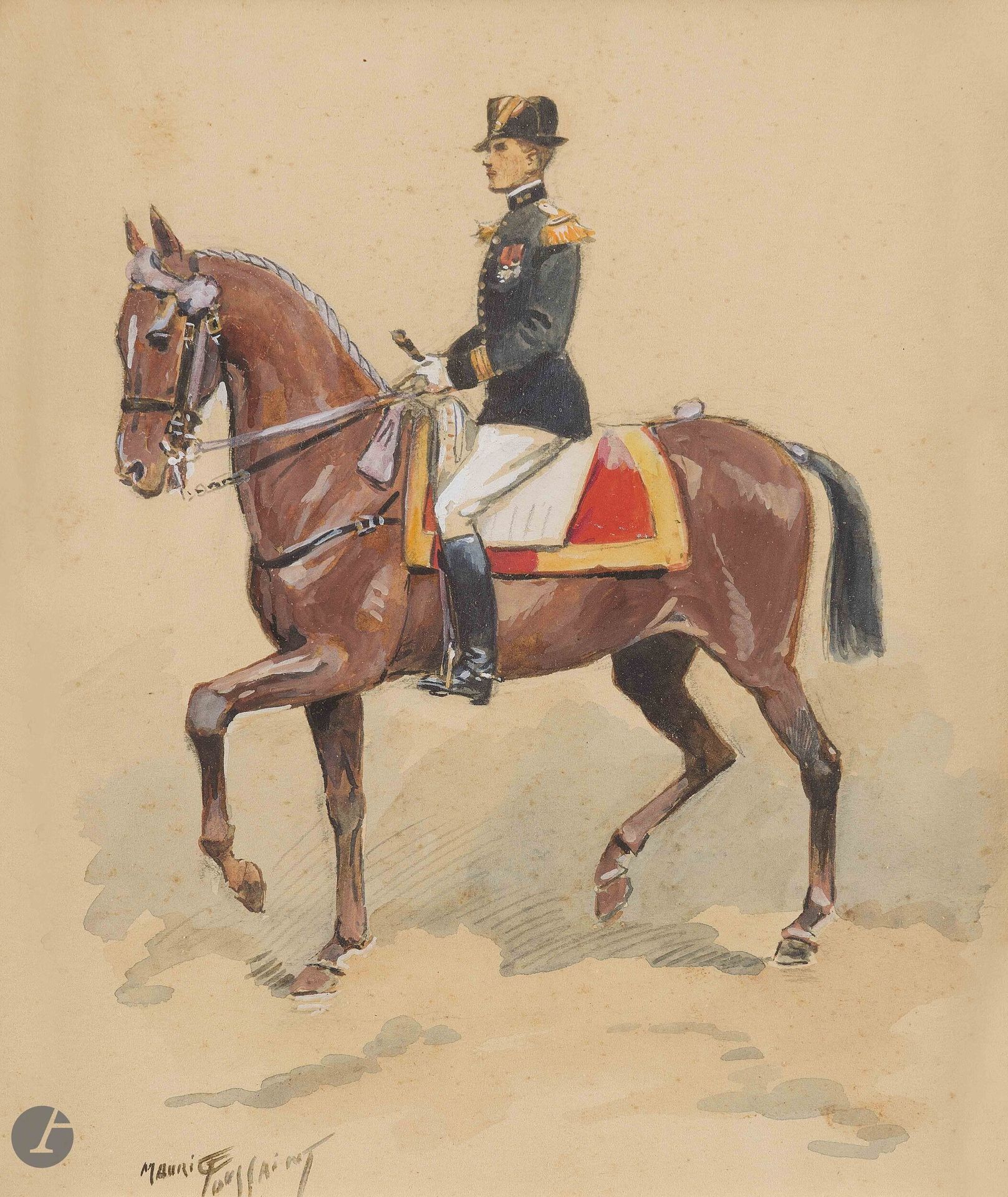 Maurice TOUSSAINT (1882-1974)
Officier du cadre noir de Saumur
Aquarelle et gouache signée en bas à gauche (petites rousseurs).
17 x 14,5 cm
Encadré sous verre