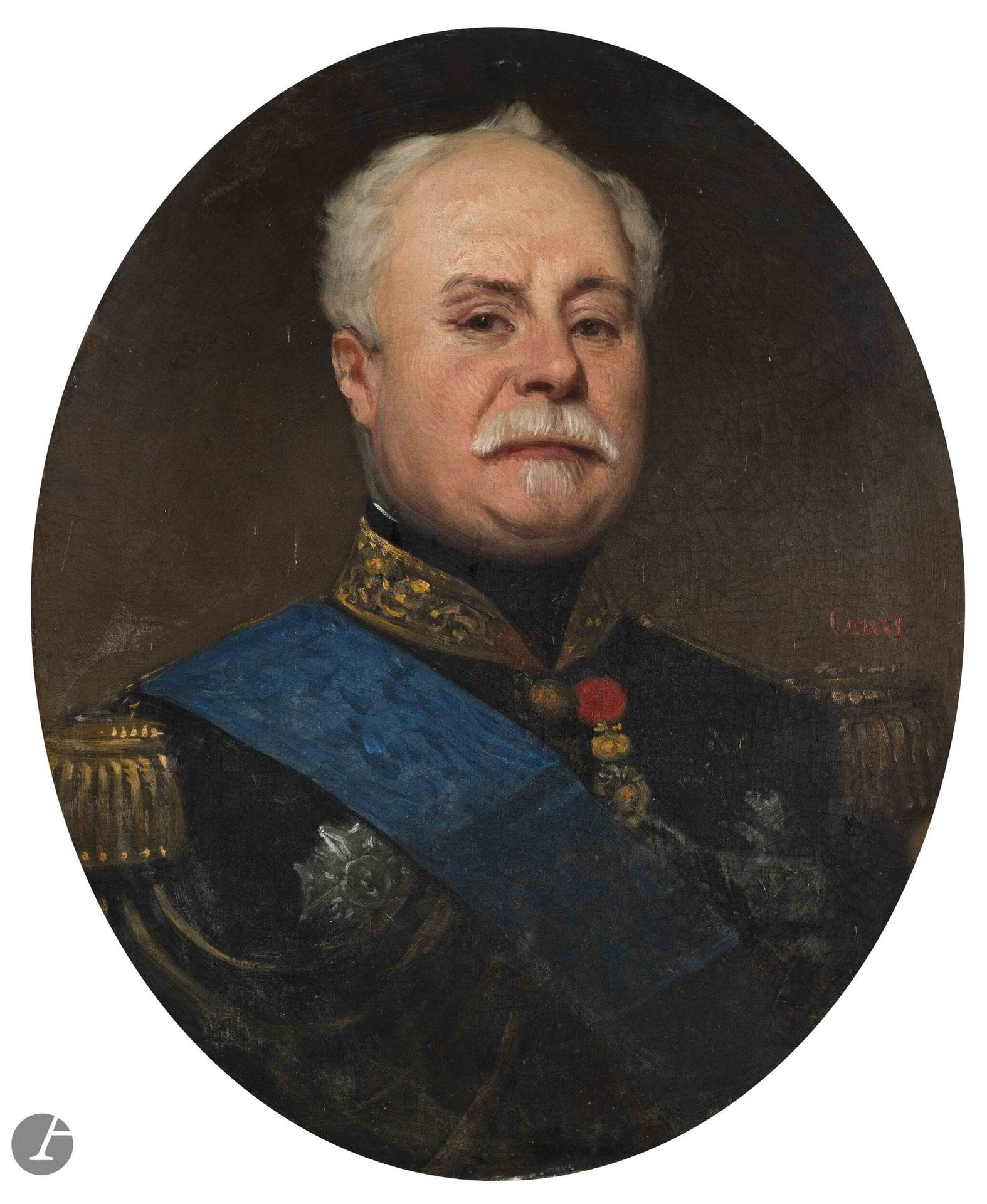 Désiré COURT (1797-1865). 
Portrait d’un général chef d’état-major portant l’écharpe de l’ordre de la Réunion ou de l’ordre de Saint André, vers 1860
Grande esquisse sur toile ovale signée à droite (usures). Châssis portant une inscription «Pélissier». 
61 x 50 cm
A.B.E.
Belle étude de visage en vue de la composition finale.