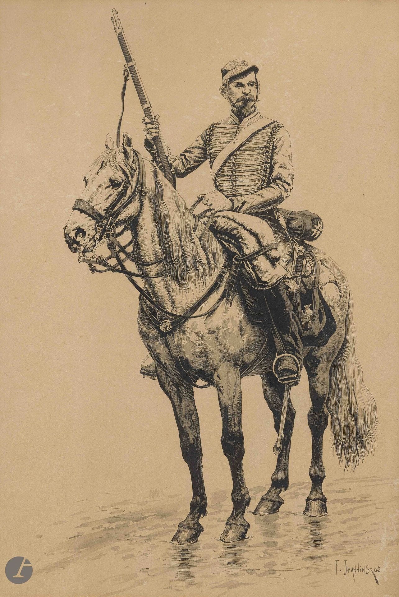 F. JEANNINGROS. École française de la fin du XIXe siècle.
Hussard du 4e régiment à cheval
Dessin à l’encre et lavis. Signé en bas à droite (usures)
32 x 23 cm
Sous verre. Cadre façon pitchpin.